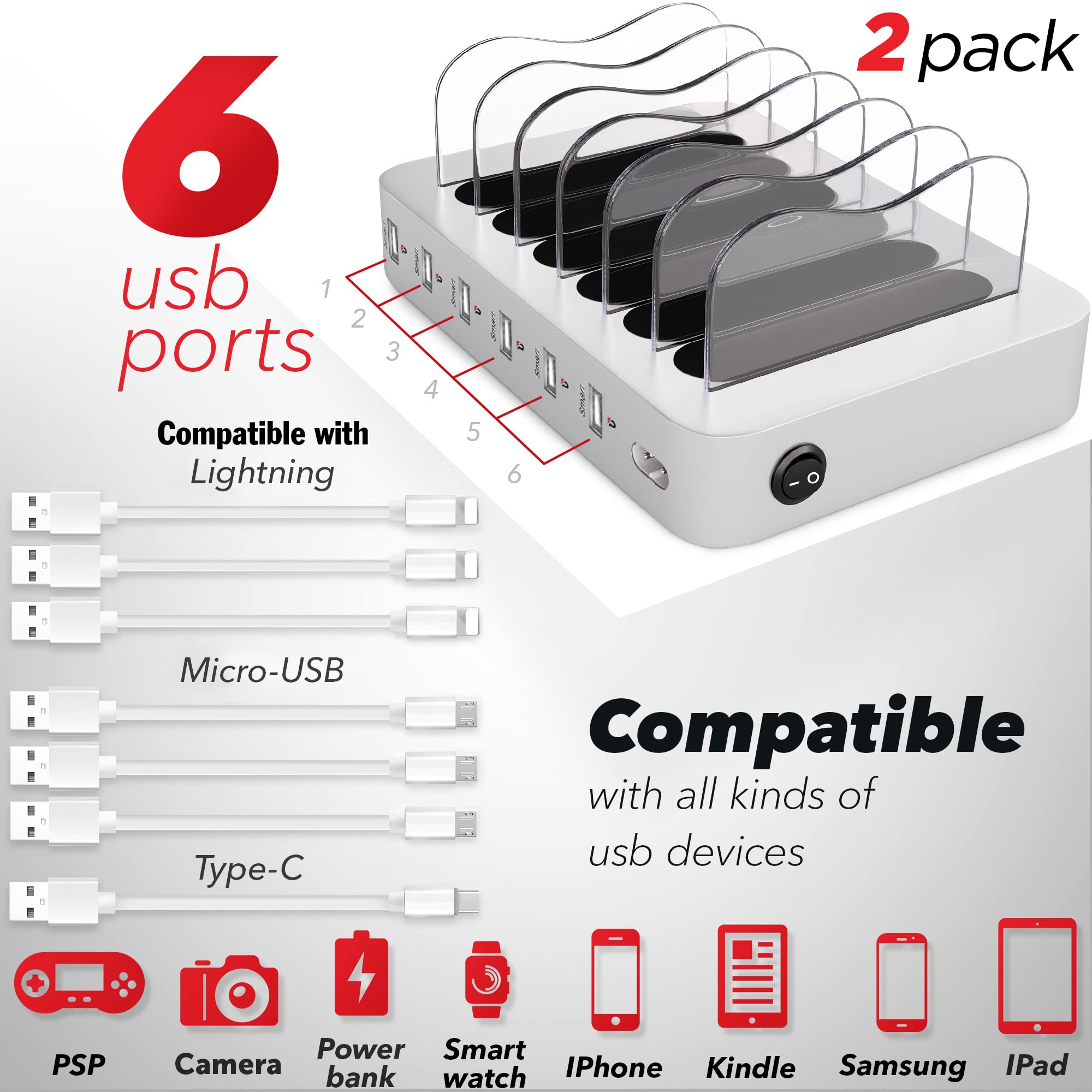 Poweroni USB Charging Dock - 6-Port (2 Pack) - Fast Charging Station for Multiple Devices Apple - Multi Device Charger Station - Compatible with Apple iPad iPhone and Android Cell Phone and Tablet - Acceptable