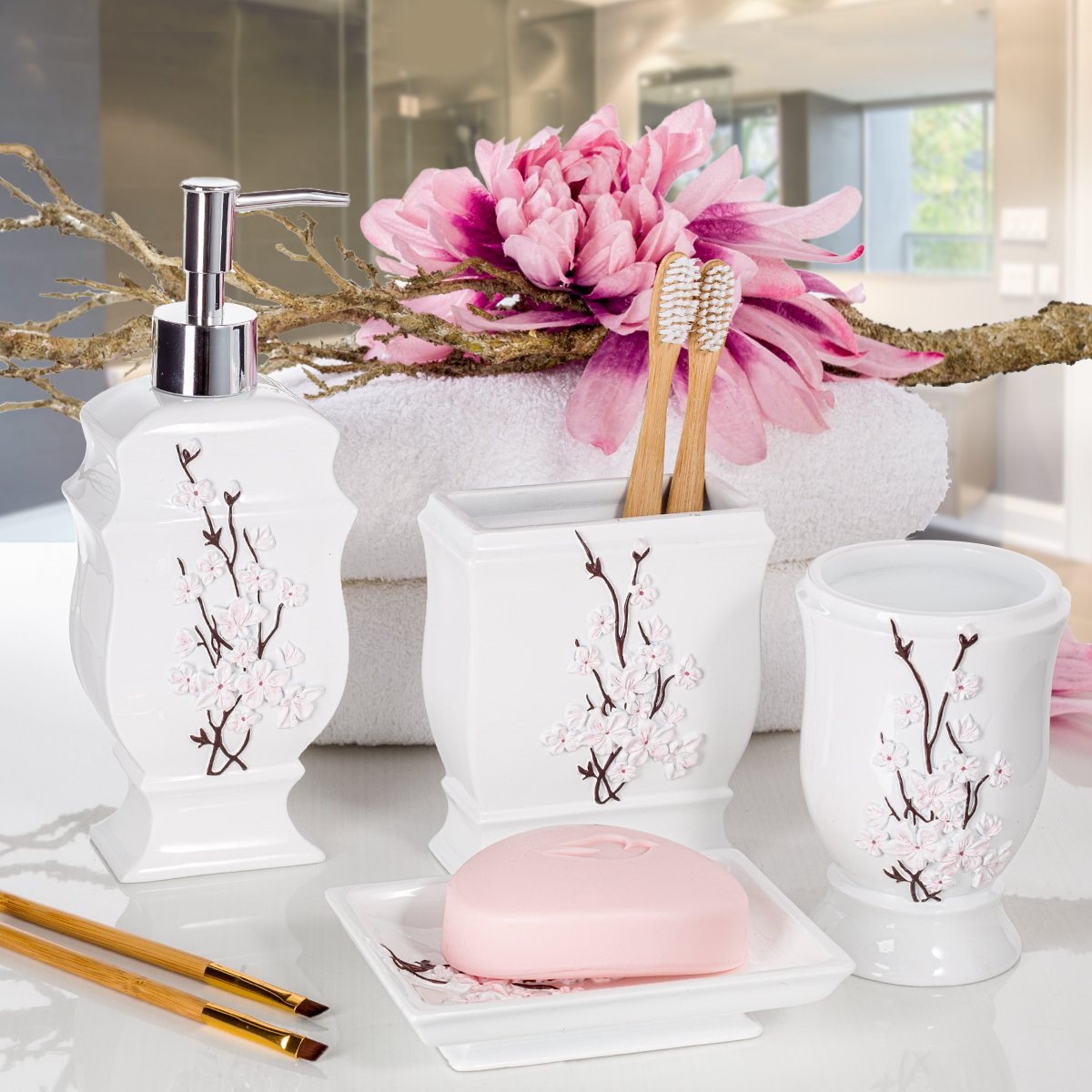 Creative Scents White Bathroom Accessories Set - Decorative 4 Piece Bathroom Set - Cherry Blossom Bathroom Accessory Set Includes: Soap Dispenser, Toothbrush Holder, Tumbler and Soap Dish (Vanda) - Like New