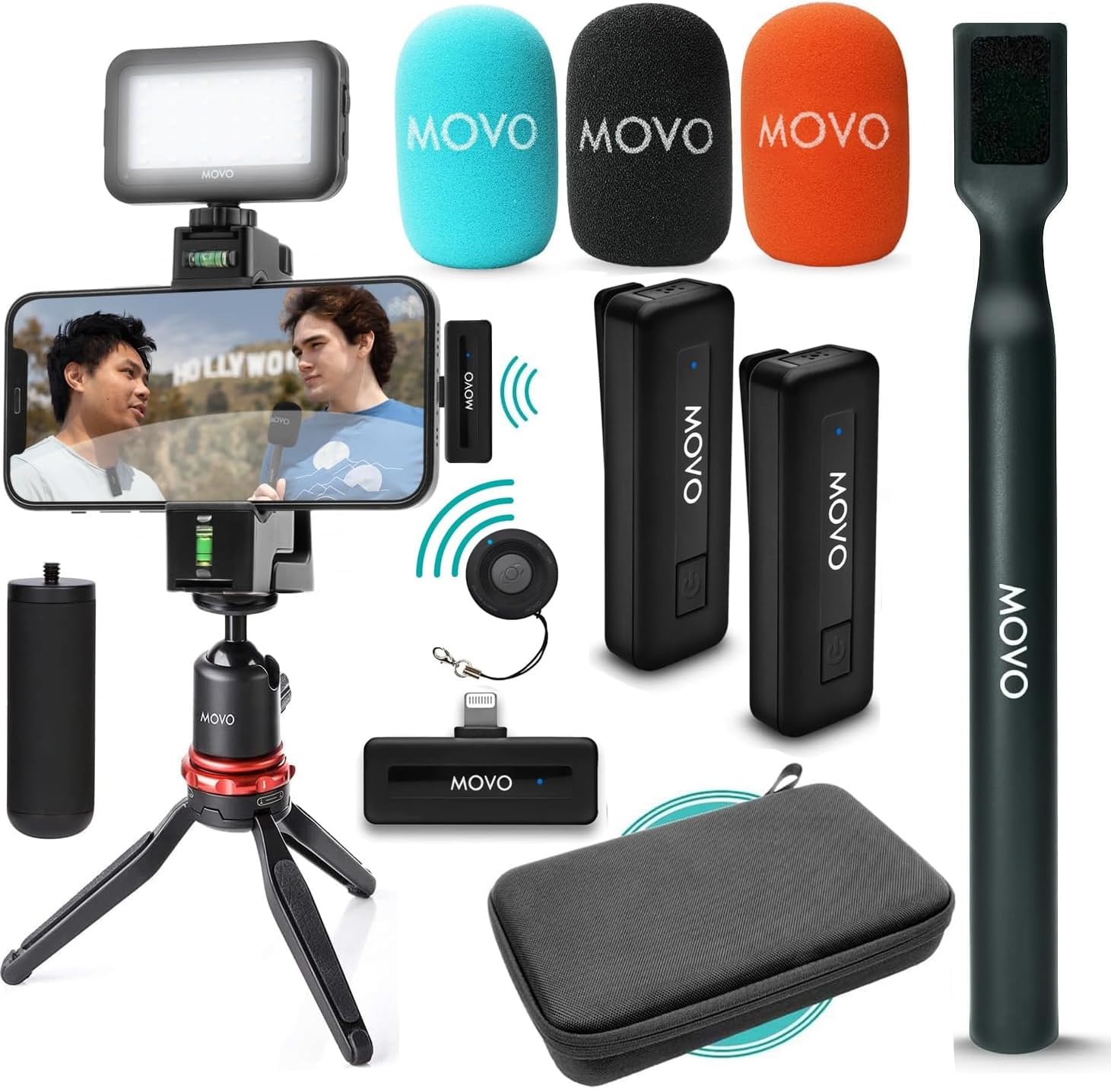 Movo iVlogger Wireless Vlogging Kit for iPhone with Dual Wireless Lavalier Microphone, Tripod, Phone Mount, LED Light, Bluetooth Remote, and WHX-HM Mic Handle - Wireless Youtube Starter Kit for iPhone - Very Good
