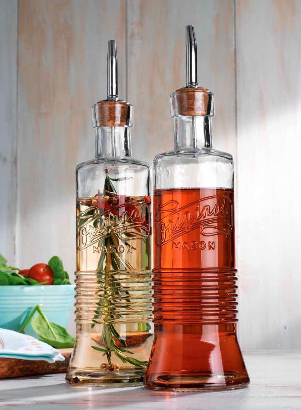 MosJos Original Mason Oil and Vinegar Dispenser Set - 17 oz Glass Olive Oil & Vinegar Cruet Set - Non-Drip, BPA-Free, Dishwasher Friendly Bottles with Stainless Steel Spouts - Acceptable