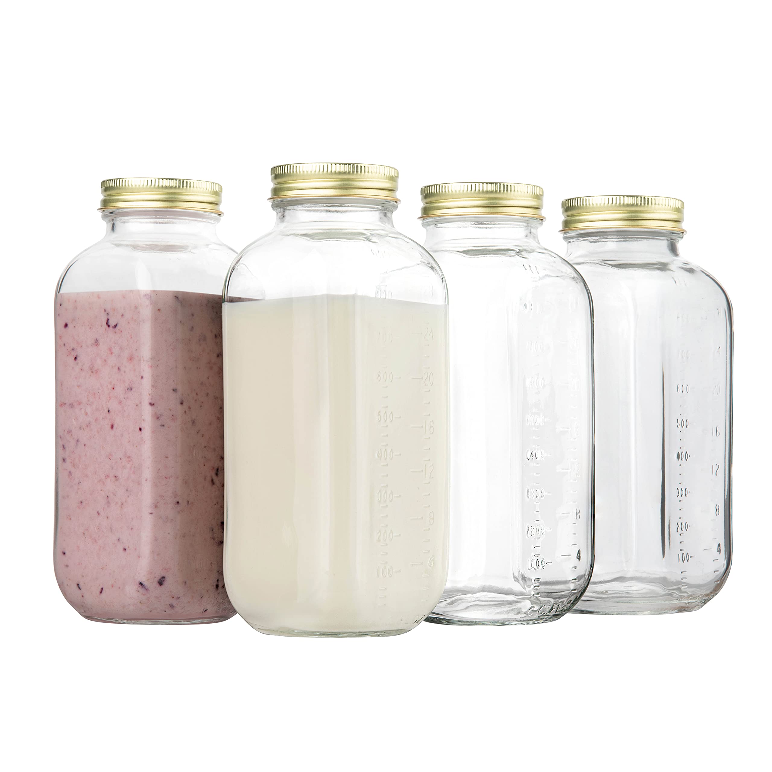 kitchentoolz 32oz Square Glass Milk Bottle with Metal Airtight Lids -1 Quart Milk Jars with Lids for Fridge - Reusable Milk Jugs, Yogurt, Smoothies, Kefir, Kombucha, Water - Like New