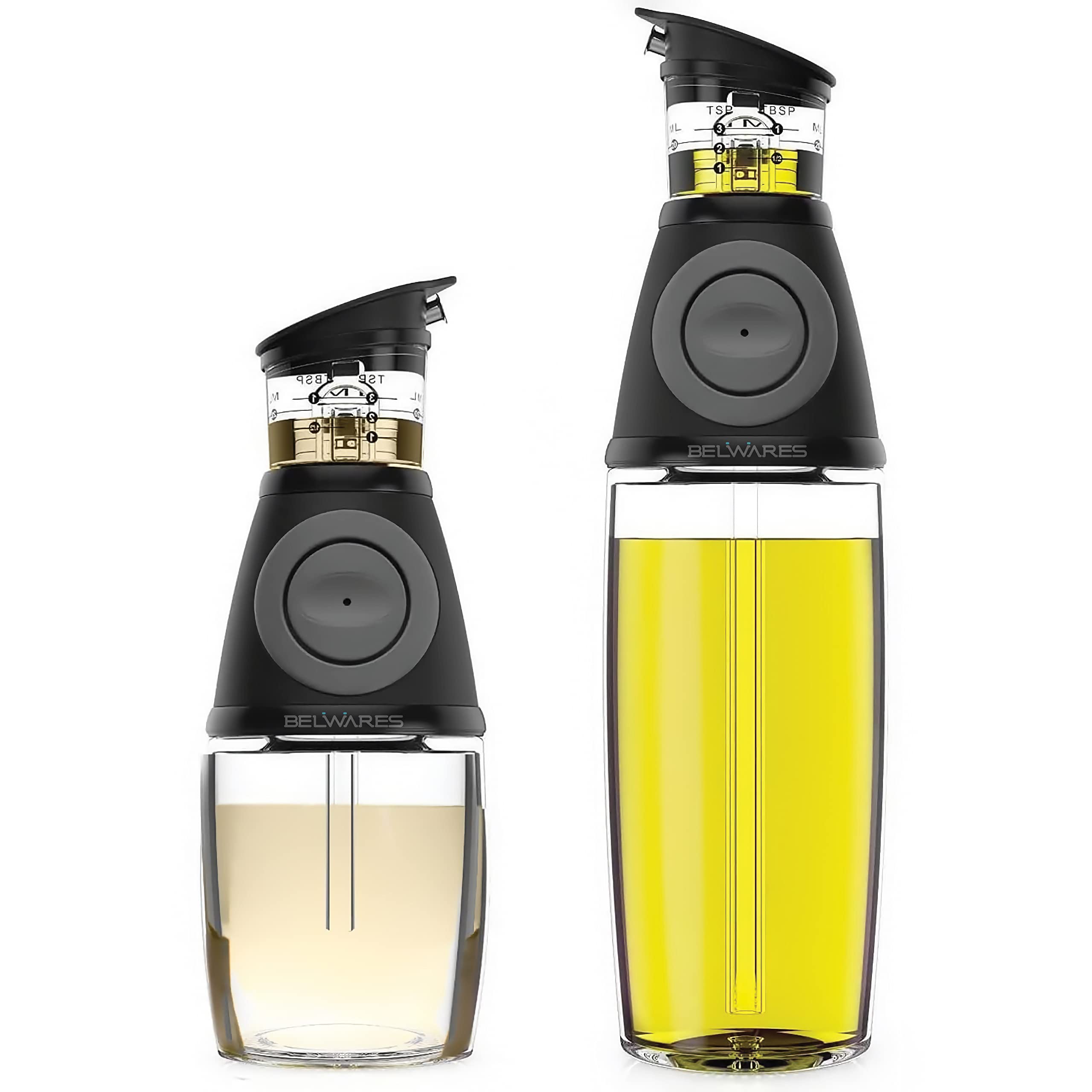Belwares Olive Oil Dispenser Bottle for Kitchen - Oil and Vinegar Dispenser Set - Cooking Essentials: 17 oz & 8.5 oz Glass Bottles with Precision Pouring Measurements - Coffee Syrup Dispenser - Like New