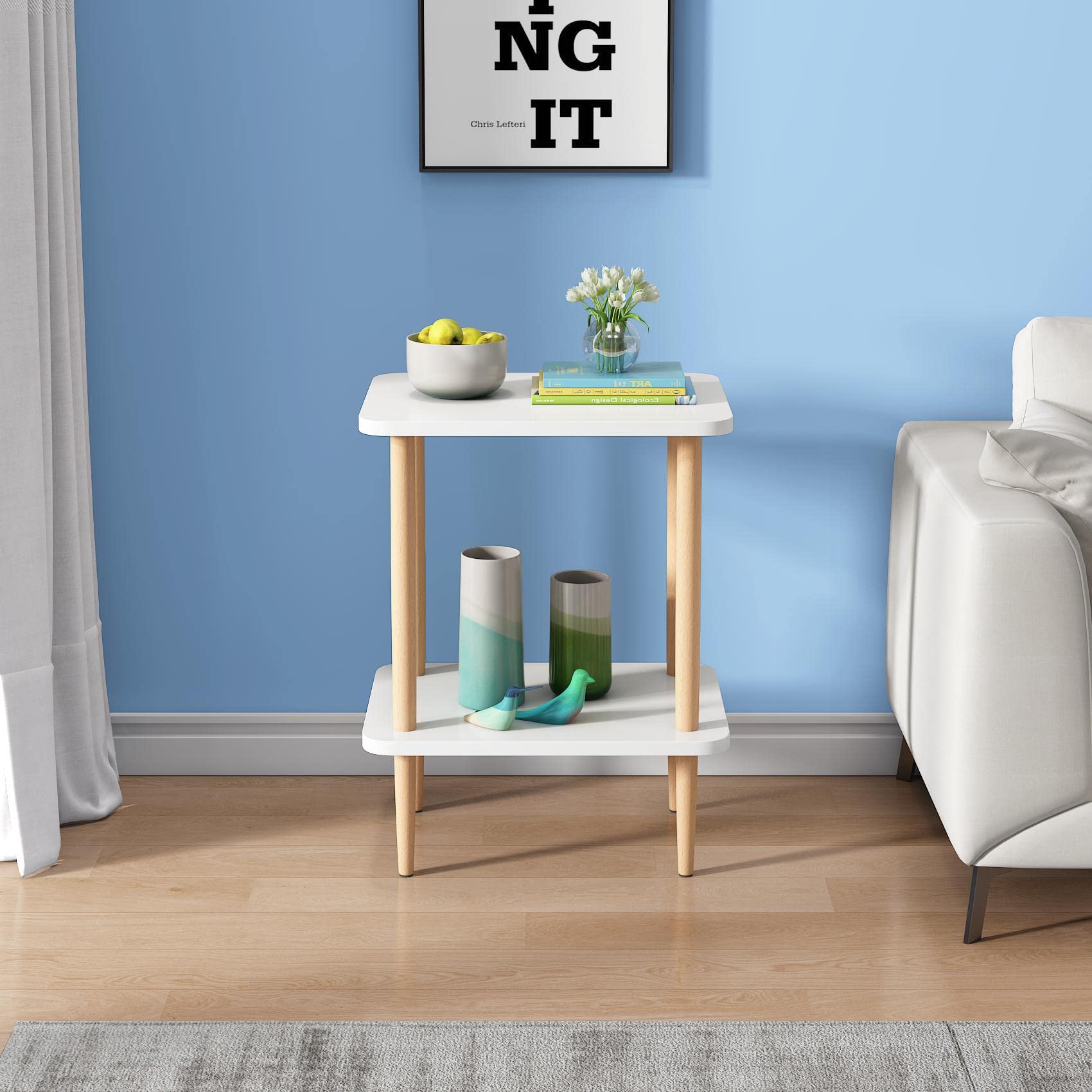 exilot 2-Tier Side Table Tall End Table with Storage Rack Wooden Nightstand Bedside Table for Living Room Bedroom Office No-Tool Assembly - Very Good