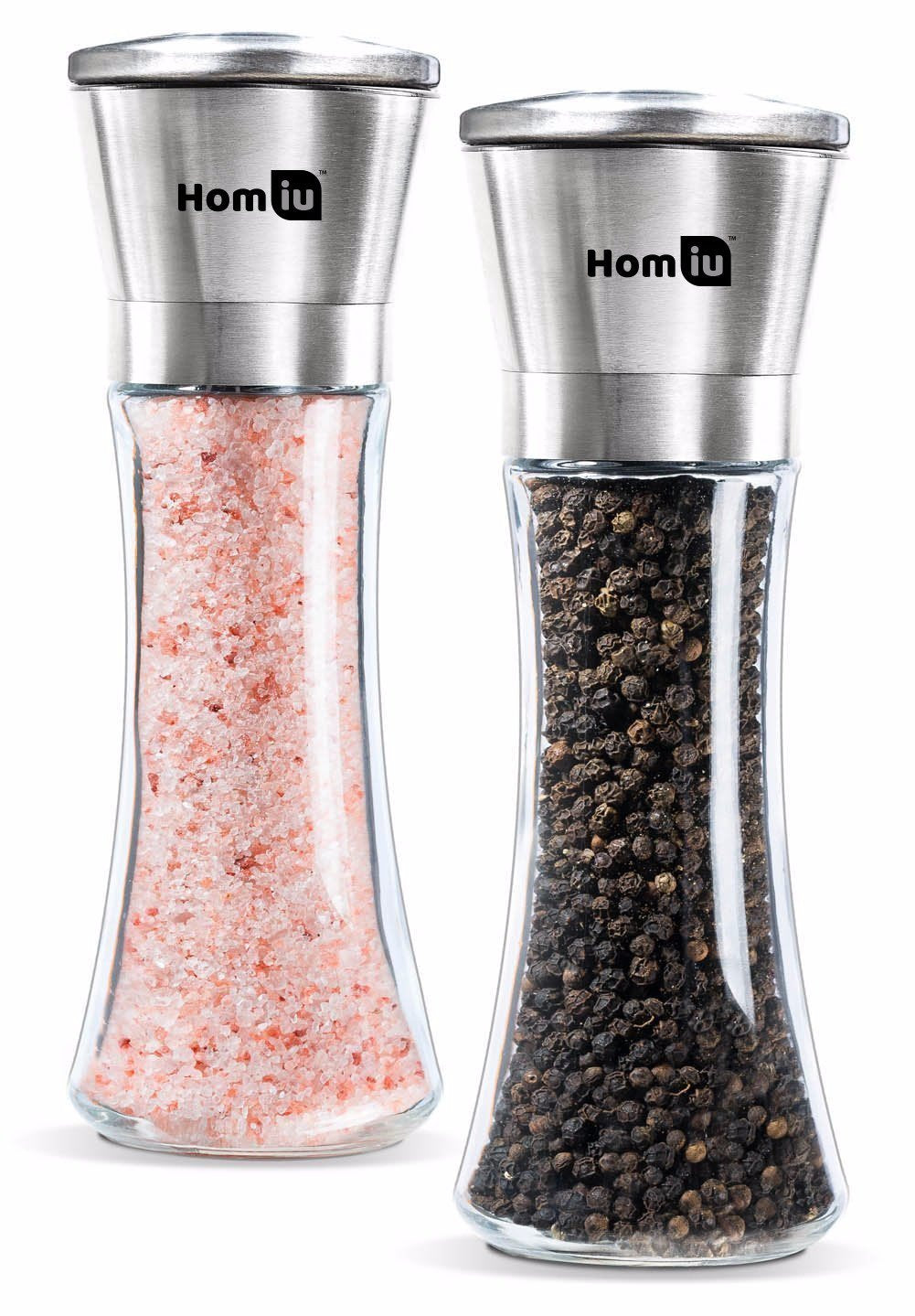 Homiu Salt and Pepper Grinder Mill Set of 2 Stainless Steel Adjustable Handheld Glass Bottle Large - Very Good