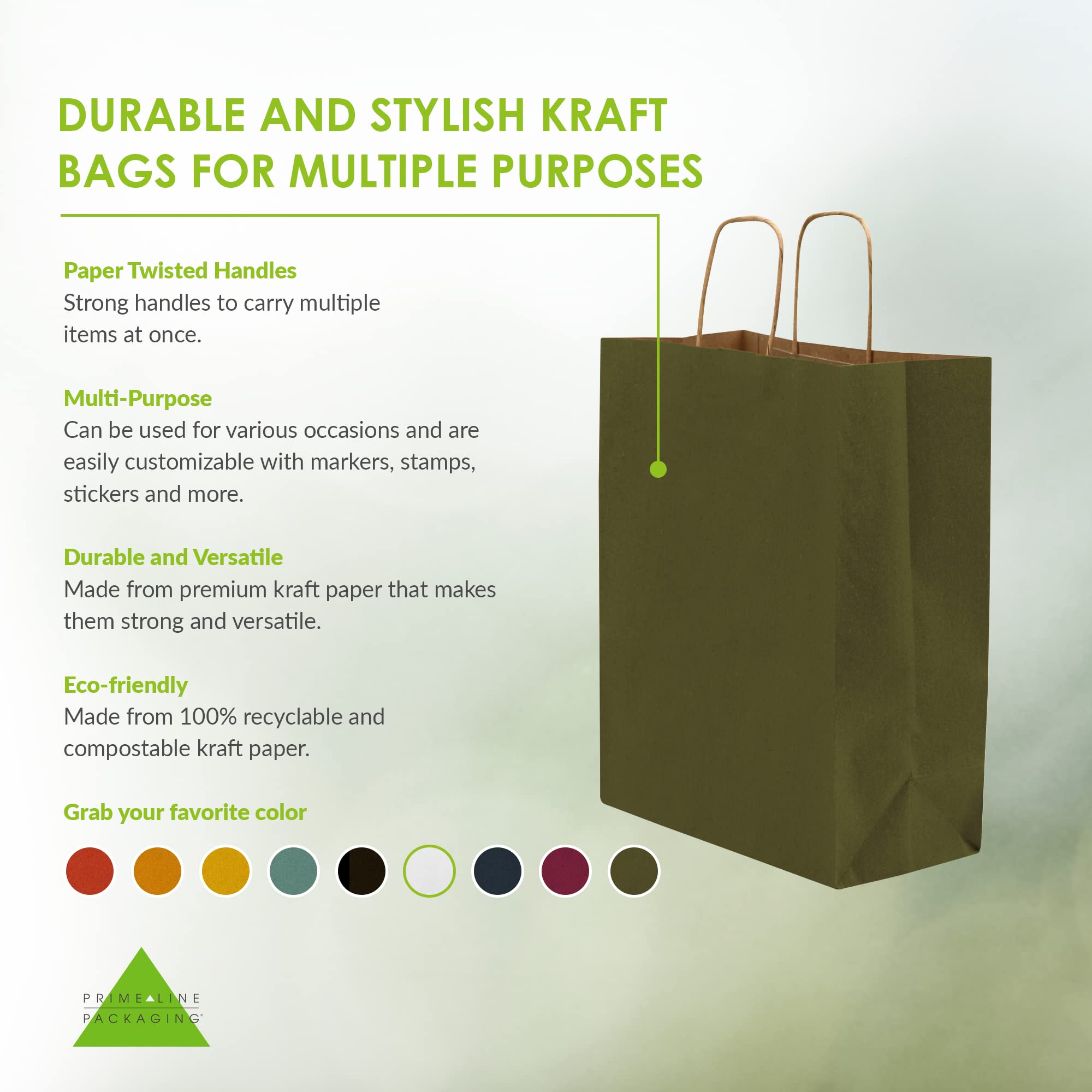 Prime Line Packaging 10x5x13 50 Pack Medium Green Gift Bags, Kraft Bags with Handles, Paper Bags for Small Business, Shopping, Retail, Christmas, Bulk - Very Good