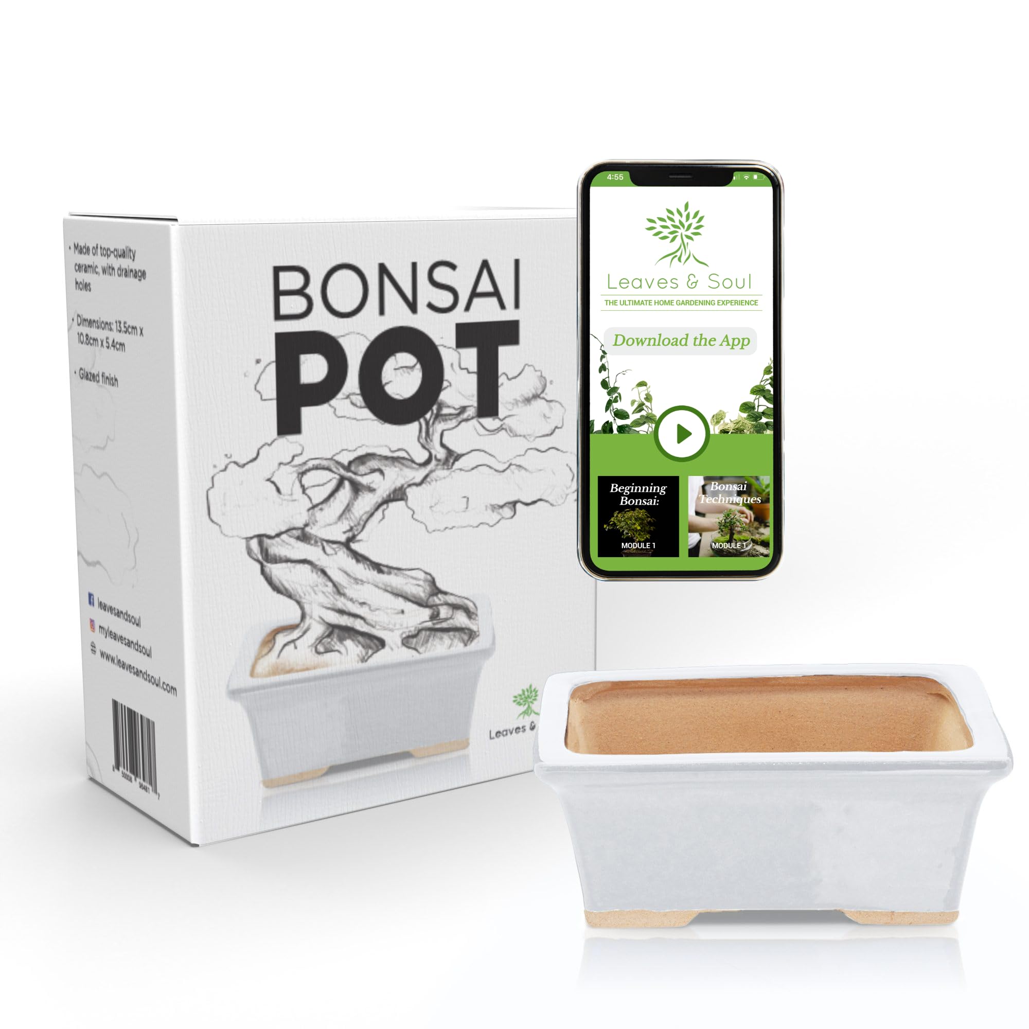 Glazed Ceramic Bonsai Pot - Decorative Planter for Dwarf Trees, Succulents, Small Plants - Perfect Pot for Indoor and Outdoor Gardens, Table Centerpieces and Windowsill Decor - White Rectangle - Like New