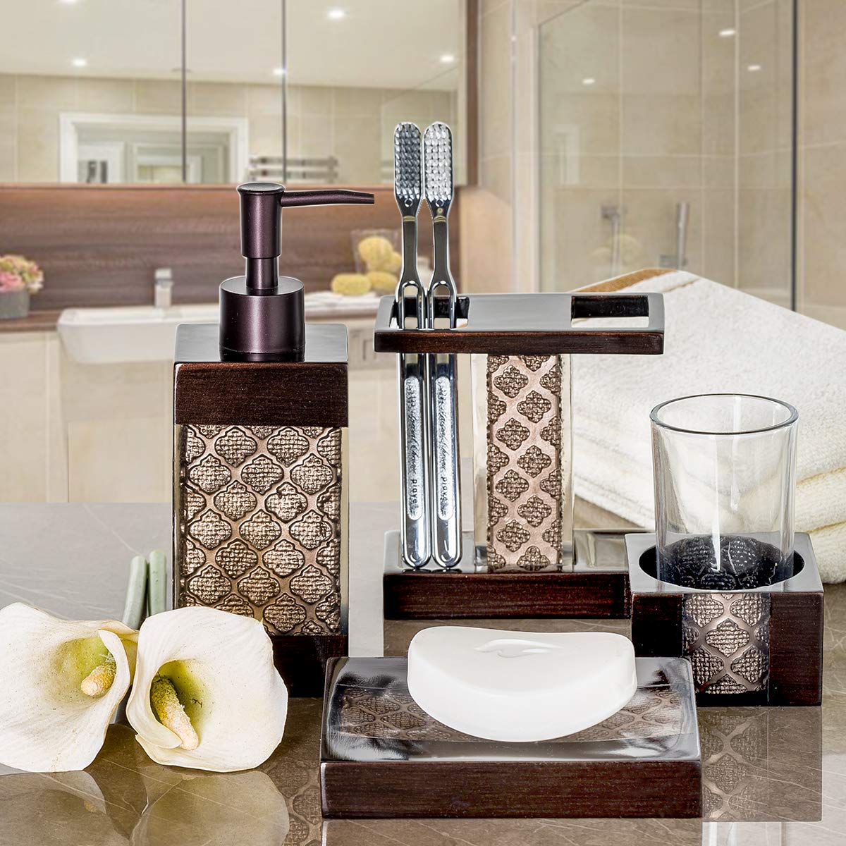 Creative Scents Bronze Bathroom Accessories Sets Complete - Decorative Bathroom Accessory Set - 4 Pc Bathroom Set Includes: Soap Dispenser, Toothbrush Holder, Tumbler and Soap Dish (Dahlia Collection) - Like New