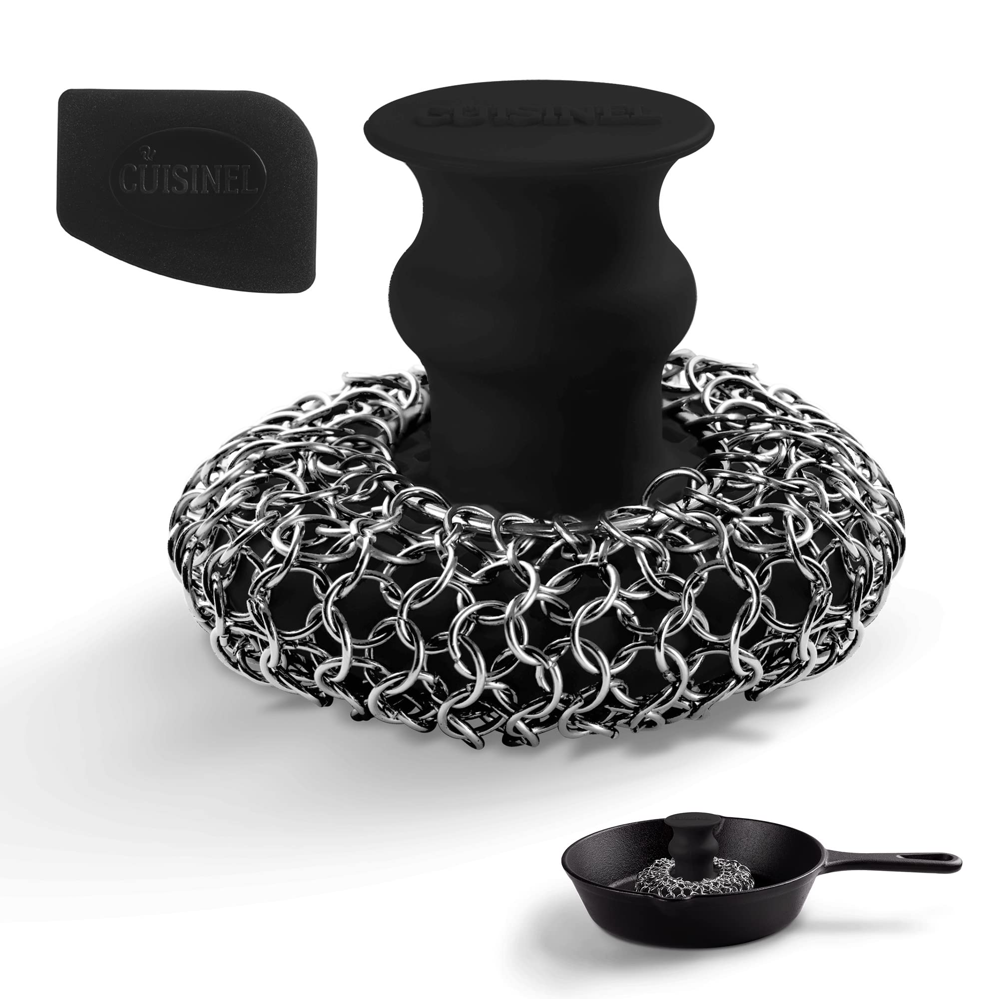 Cast Iron Chainmail Scrubber - Chain Mail Cleaner Brush - Dishes, Pots, Pan Brush - Silicone, Stainless Steel Scrub  - Acceptable