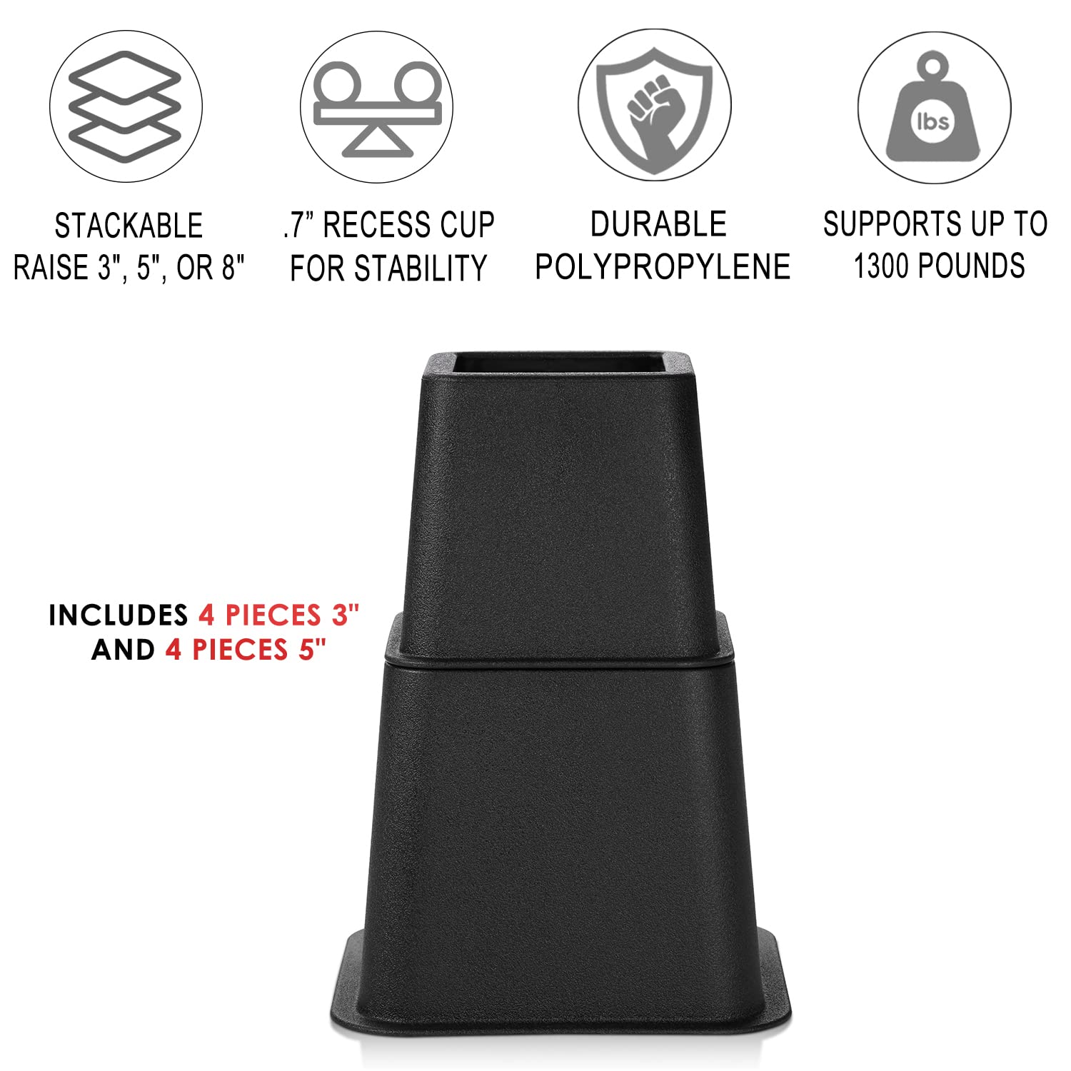 Adjustable Bed Risers and Furniture Risers - Stackable Bed Lift 3, 5, or 8 Inch - Set of 4 Bed Risers 8 inch Heavy Duty - Perfect for College Dorms- Supports up to 1,300 lbs � Fits legs up to 7.5� W - Very Good
