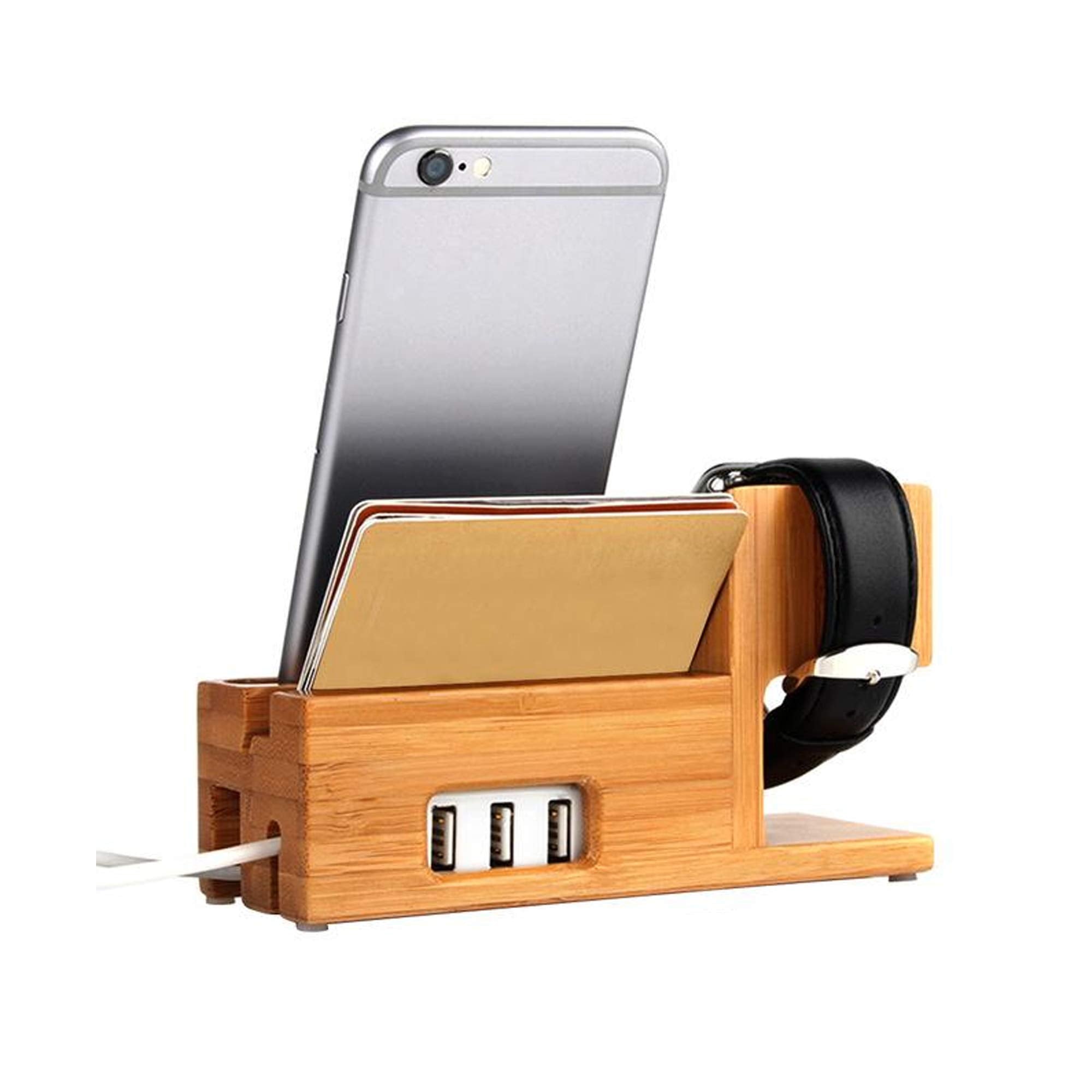 ETCBUYS Wood Charging Station - Fashion Creative Design 3 USB Ports Multiple Devices Organizer Stand for Smartphones Tablets Watch - Eco-Friendly Office Desktop Wooden Docking for Earpods and iWatch - Like New