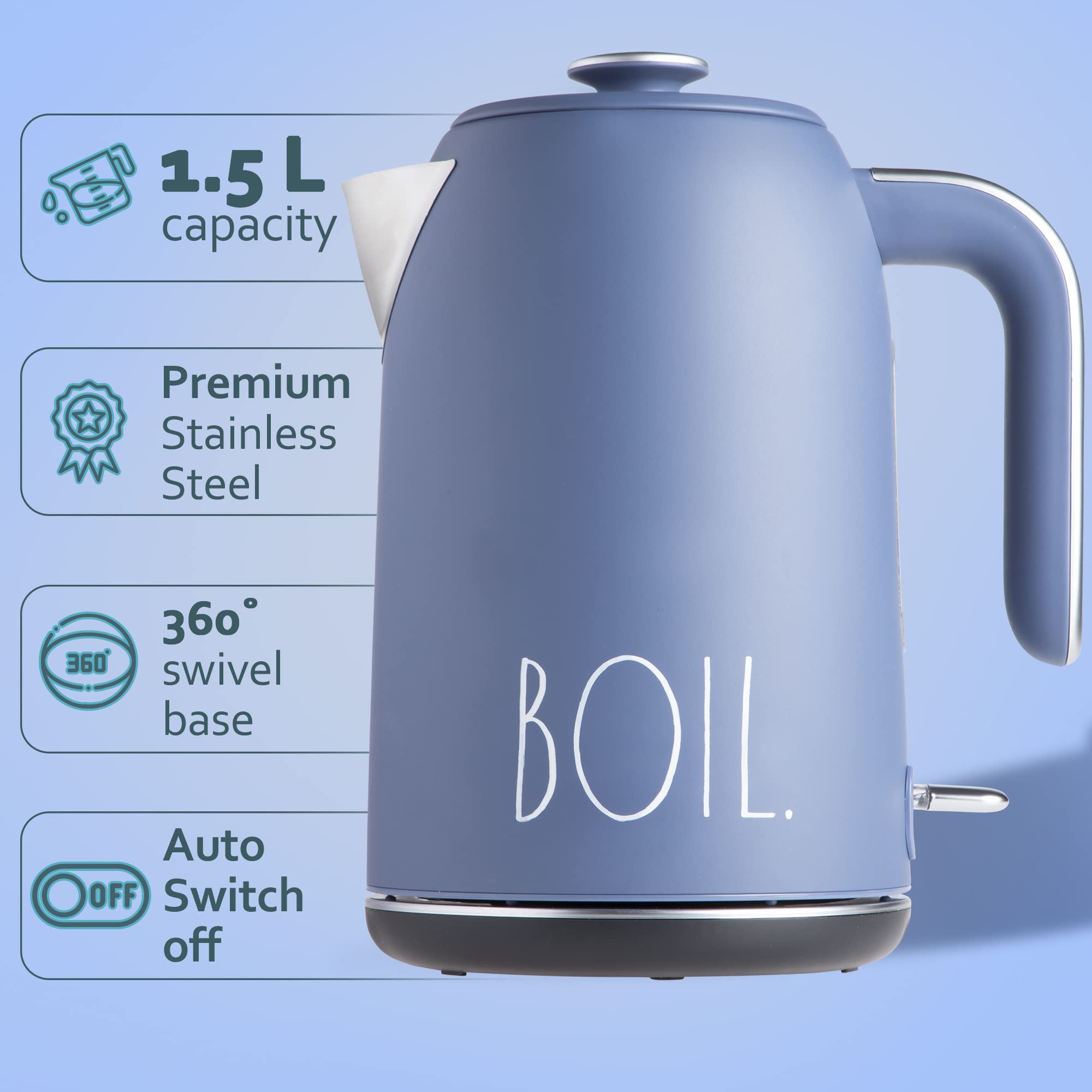 Rae Dunn Electric Water Kettle - Stainless Steel Coffee Maker, 1.7 Liter Tea Kettle, Electric Hot Water Kettle with Automatic Shut Off Boil-Dry Protection, 1500 Watt Boiling Power (Navy) - Very Good