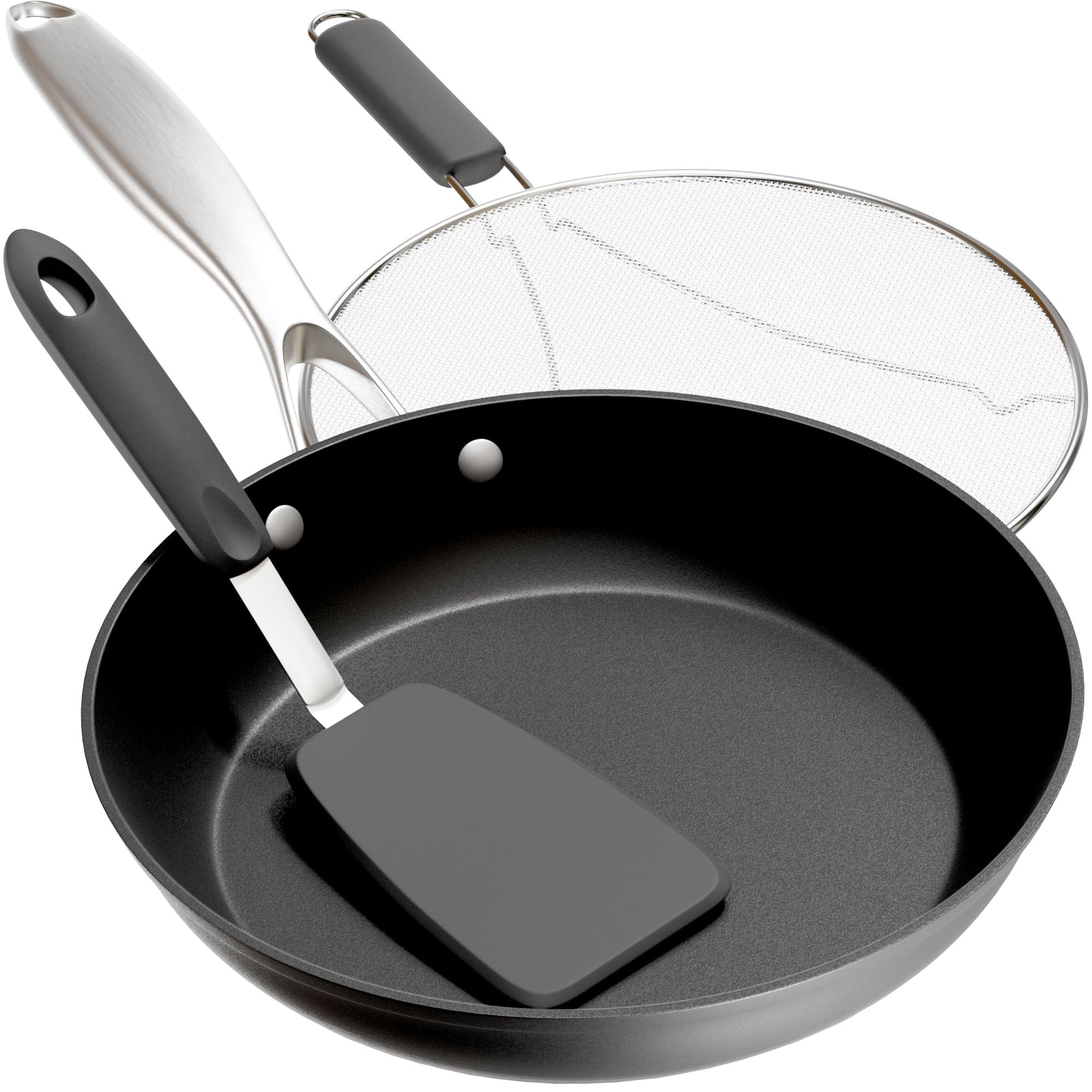 Frying Pans Nonstick - 10" Non Stick Frying Pan with Lid Splatter Screen - Lightweight Aluminum Fry Pan Skillet Includes Spatula - 2" Deep Egg Pan, PFAS-Free and PFOA Free, Dishwasher Safe, Oven Safe - Very Good