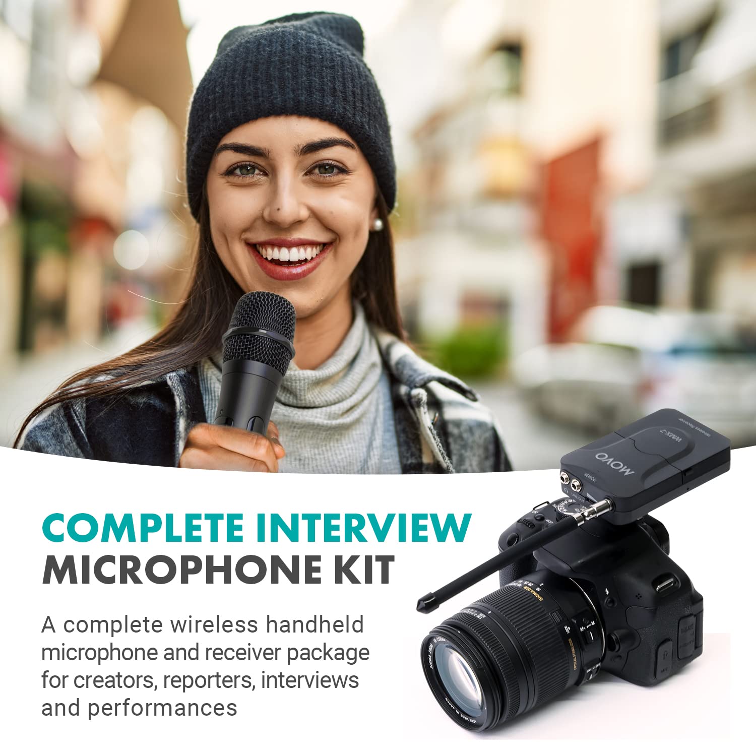 Movo WMX-7-TH+RX Handheld Wireless Microphone System - Omnidirectional Microphone with Built-in VHF Transmitter, Bodypack Receiver - Wireless Mic Interview Kit for Reporters, Vlogging, Live Events - Like New