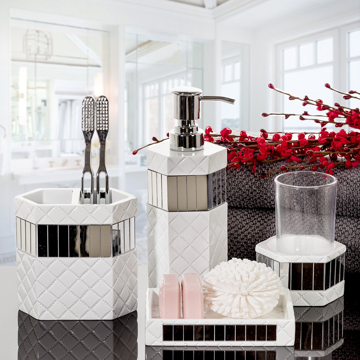 Creative Scents White Bathroom Accessories Set - Decorative 4 Piece Bathroom Set - Mirrored Bathroom Accessory Set Includes: Soap Dispenser, Toothbrush Holder, Tumbler & Soap Dish (Quilted Mirror) - Like New