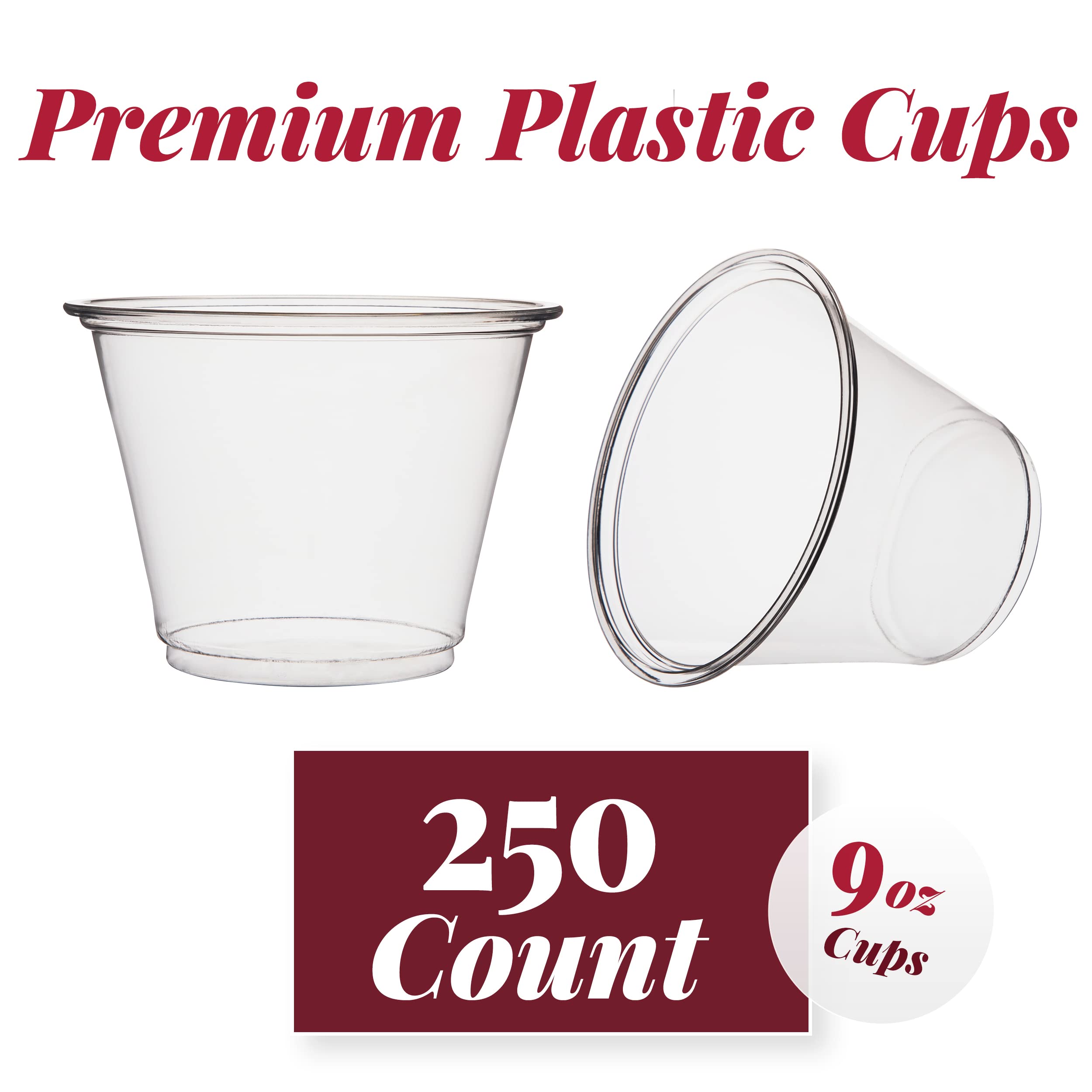 250 9 oz Clear Disposable Plastic Cups | PET Cups for Parties, Water, Wine | Bulk Clear Plastic Tumblers  - Like New