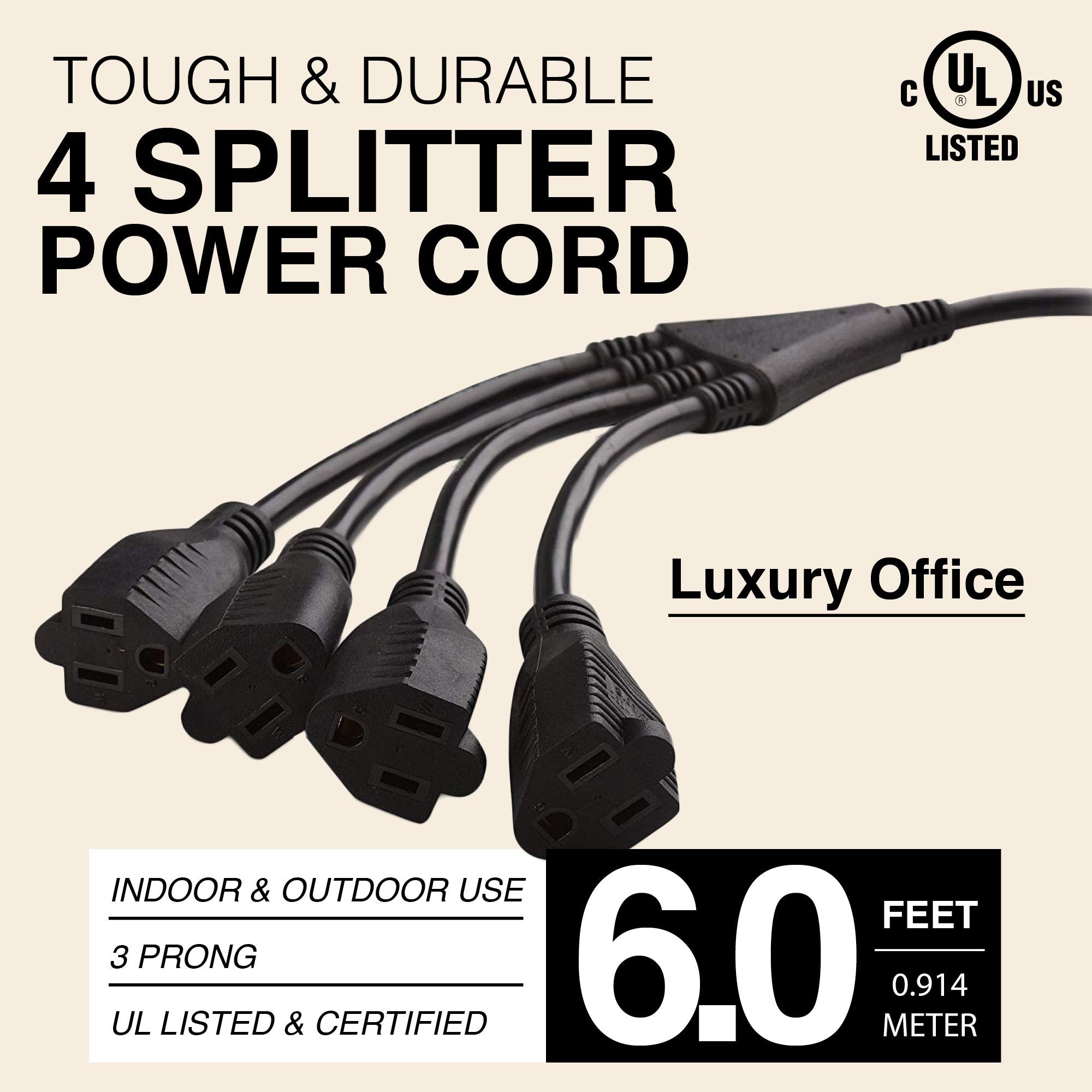 4 Way Power Splitter - 1 to 4 Extension Cord Splitter, 6' Long Extension Cord, Outlet Splitter 3 Prong, Power Strip Outlet Plug, Y Style Extension Cord, Black, SJT 16 AWG by Luxury Office - Like New