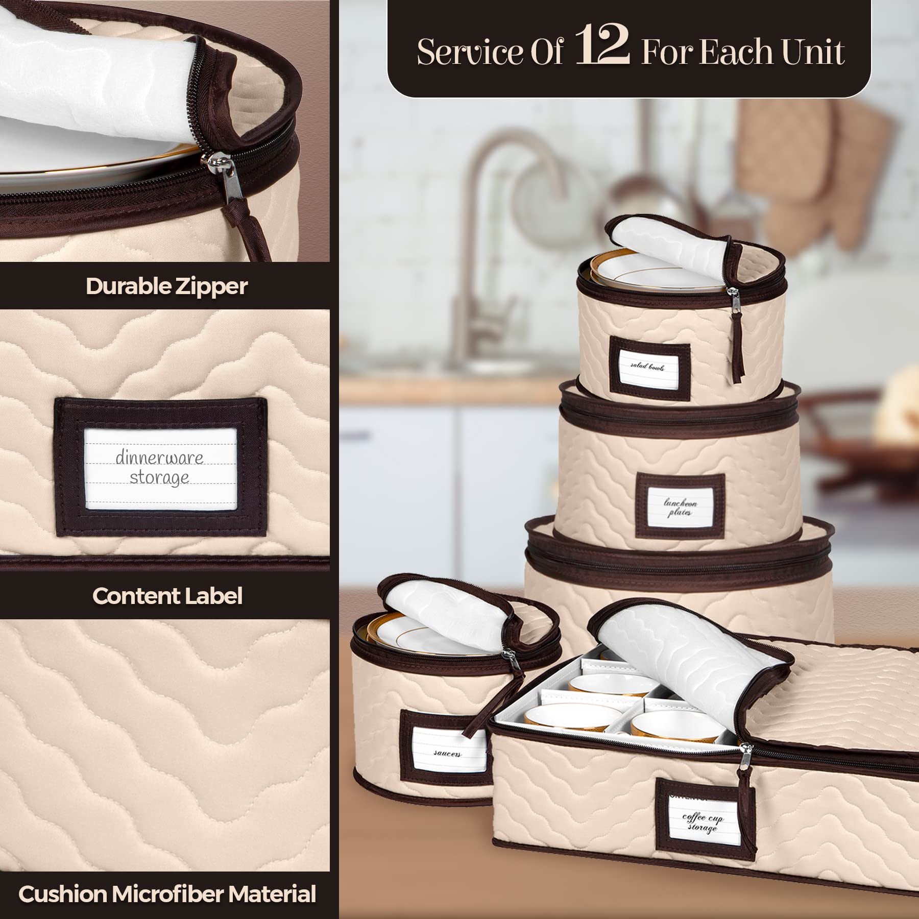 China Storage Containers 5-Piece Set Moving Boxes for Dinnerware, Glasses, Plates, Mugs and Saucers Sturdy Quilted Microfiber Dish Organizer with Dividers for Seasonal Storage - Service for 12  - Very Good