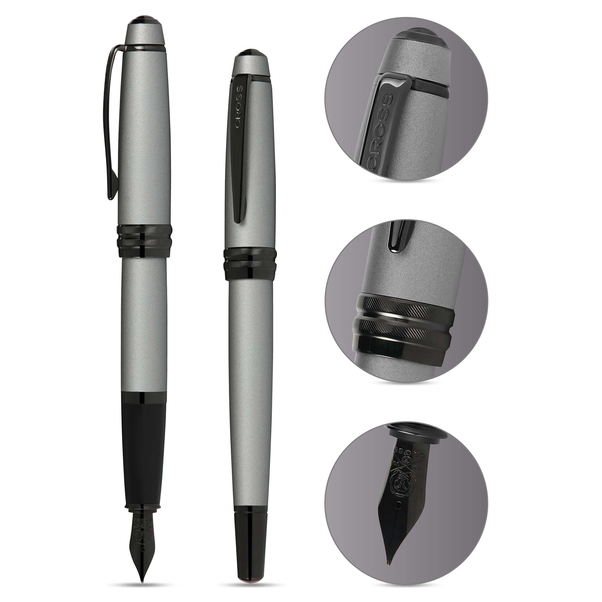 Cross Bailey Matte Grey Lacquer Fountain Pen with polished black PVD appointments, Extra Fine Nib - Like New