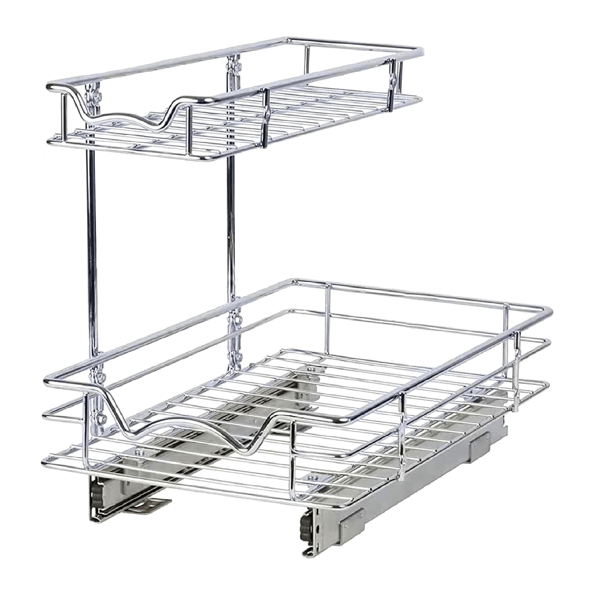 Under the Sink Pull Out Cabinet Organizer Sliding Shelf- Heavy Duty Metal, with 5 Year Limited Warranty- 2 Tier Slide Out Shelf, Multi-Use, for Cleaning Products, Kitchen and Pantry Supplies- Anti Rust Chrome - Like New