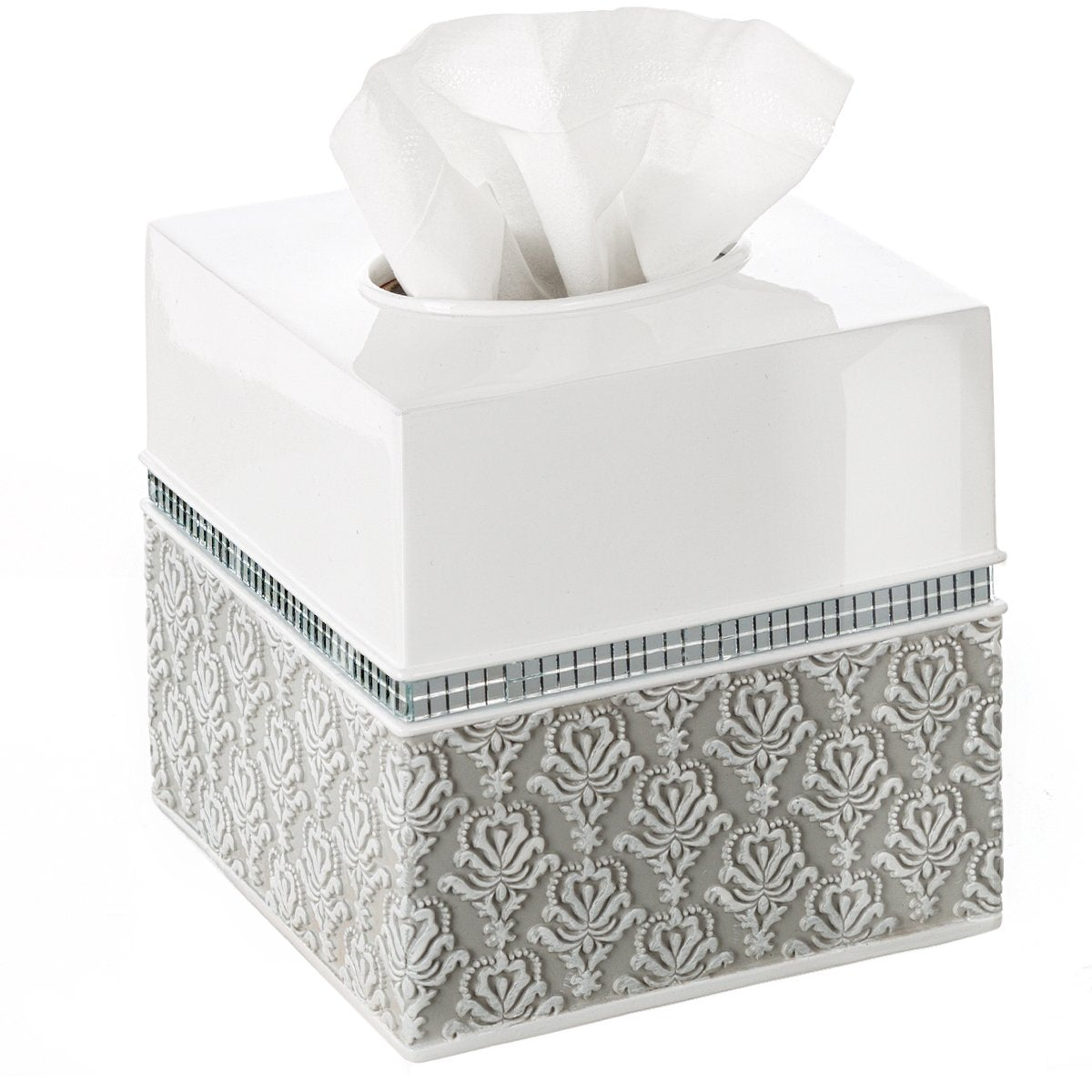 Creative Scents Mirror Damask Square Tissue Box Cover - Decorative Bathroom Tissues Paper Holder, Modern Napkins Container, Bottom Slider, for Cute Elegant Bathroom Decor (White & Gray) - Like New