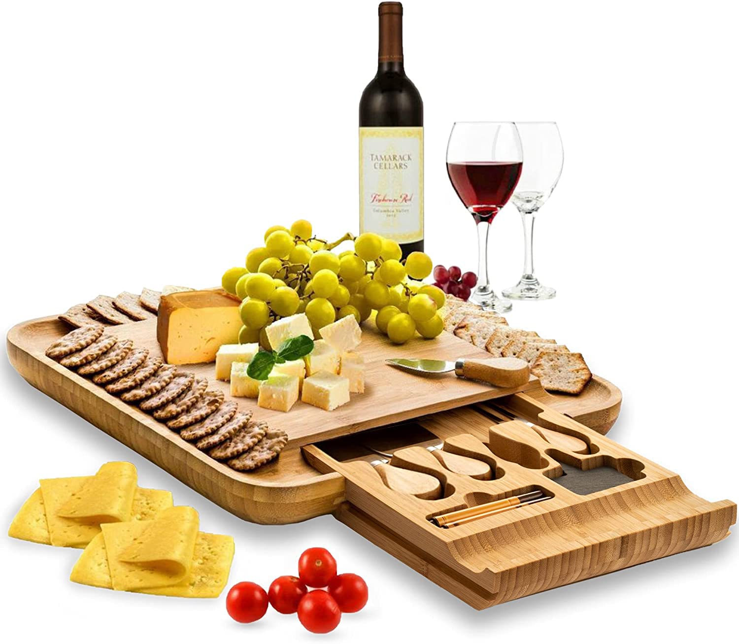 Appetizer Plate & Dessert Plate Large Charcuterie Board Gift Set - Bamboo Cheese Board and Knife Set - Wooden Cheese Board Platter with 4 Cheese Knives - Housewarming, Wedding Gift � - Like New