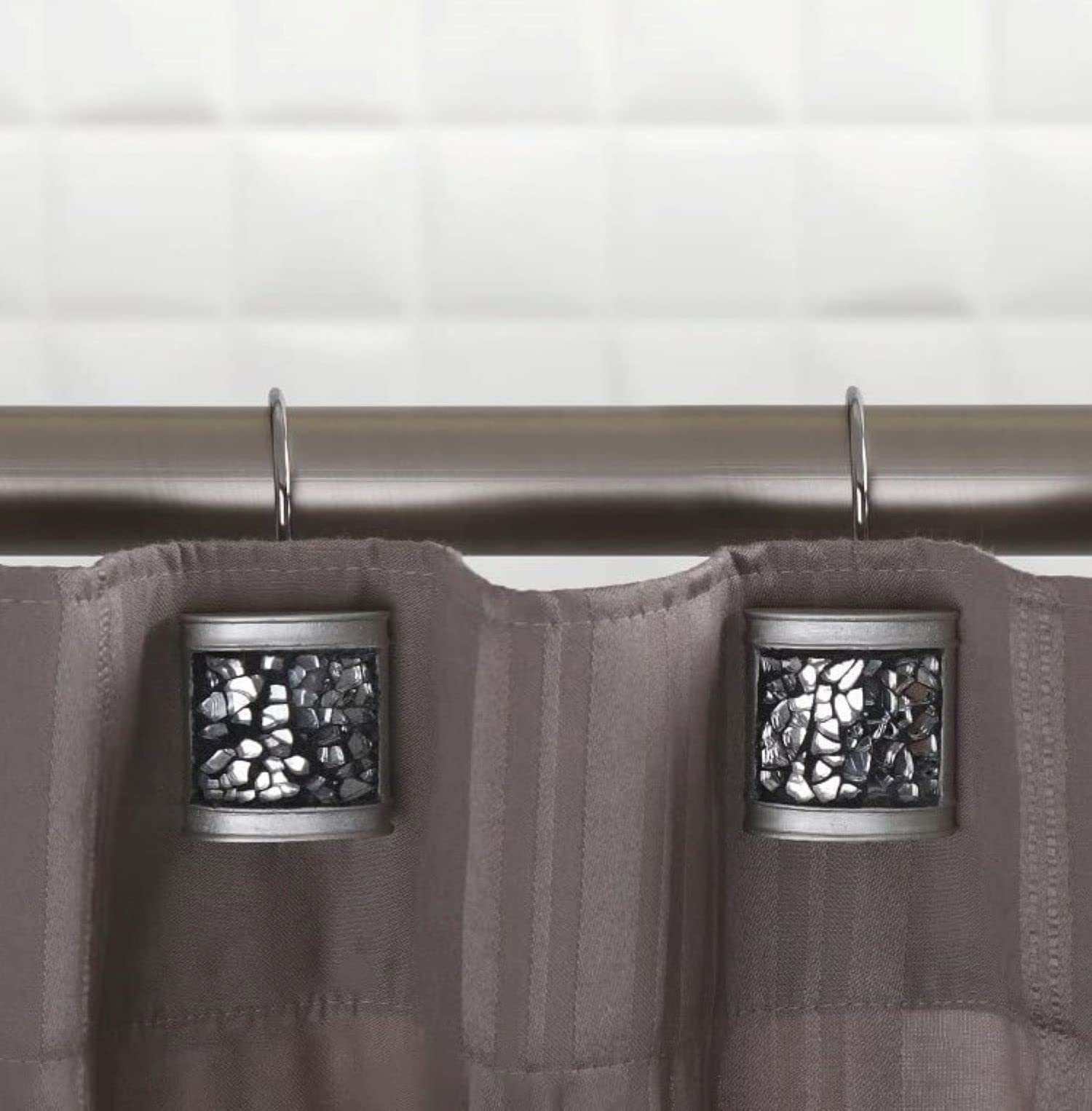 Creative Scents Silver Shower Curtain Hooks Decorative - Set of 12 Shower Curtain Rings for Bathroom Shower Rod - Elegant Crackled Glass Shower Curtain Hooks Brushed Nickel - Like New