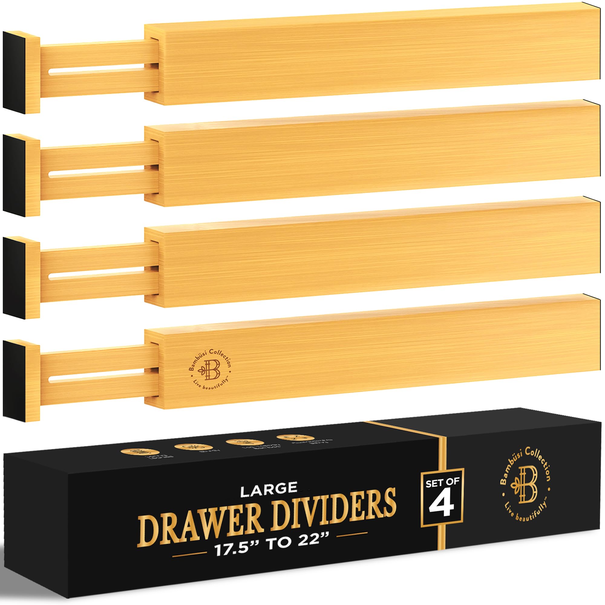 Bambüsi Adjustable Drawer Dividers - Expandable 16" to 22" - Drawer Organizer for Kitchen, Dresser, Bedroom, Bathroom, Clothes Drawer Divider Separators, 4-Pack - Very Good