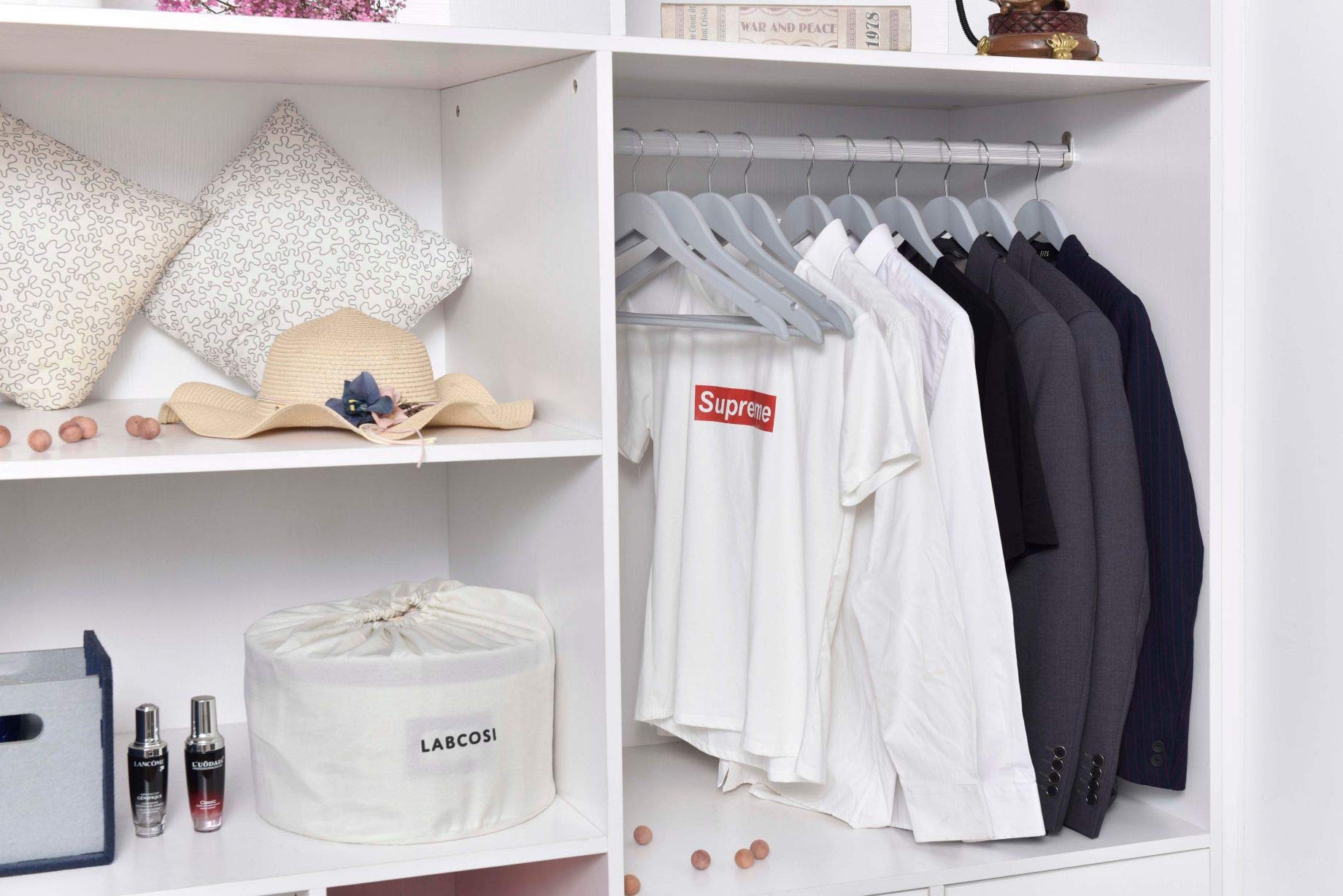 Quality Wooden Hangers - Slightly Curved Hanger Set of 20-Pack - Solid Wood Coat Hangers with Stylish Chrome Hooks - Heavy-Duty Clothes, Jacket, Shirt, Pants, Suit Hangers (Gray, 20) - Like New