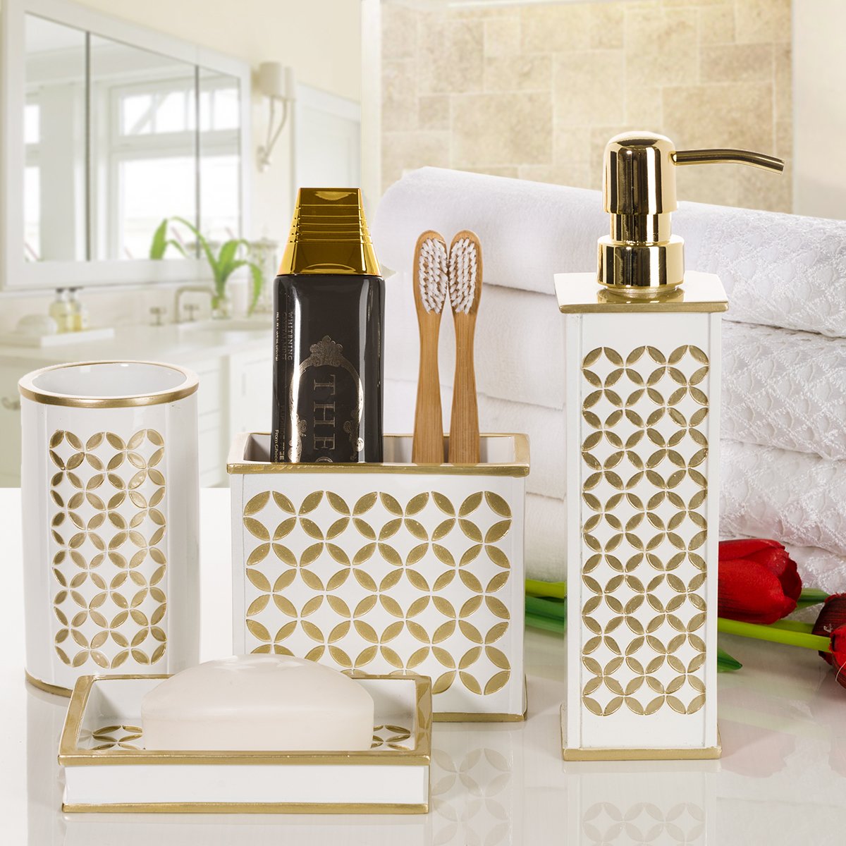 Creative Scents White Bathroom Accessories Set - Decorative 4 Piece Bathroom Accessory Set Includes: Soap Dispenser, Toothbrush Holder, Soap Dish and Tumbler, Gift Packaged (Diamond Lattice) - Like New