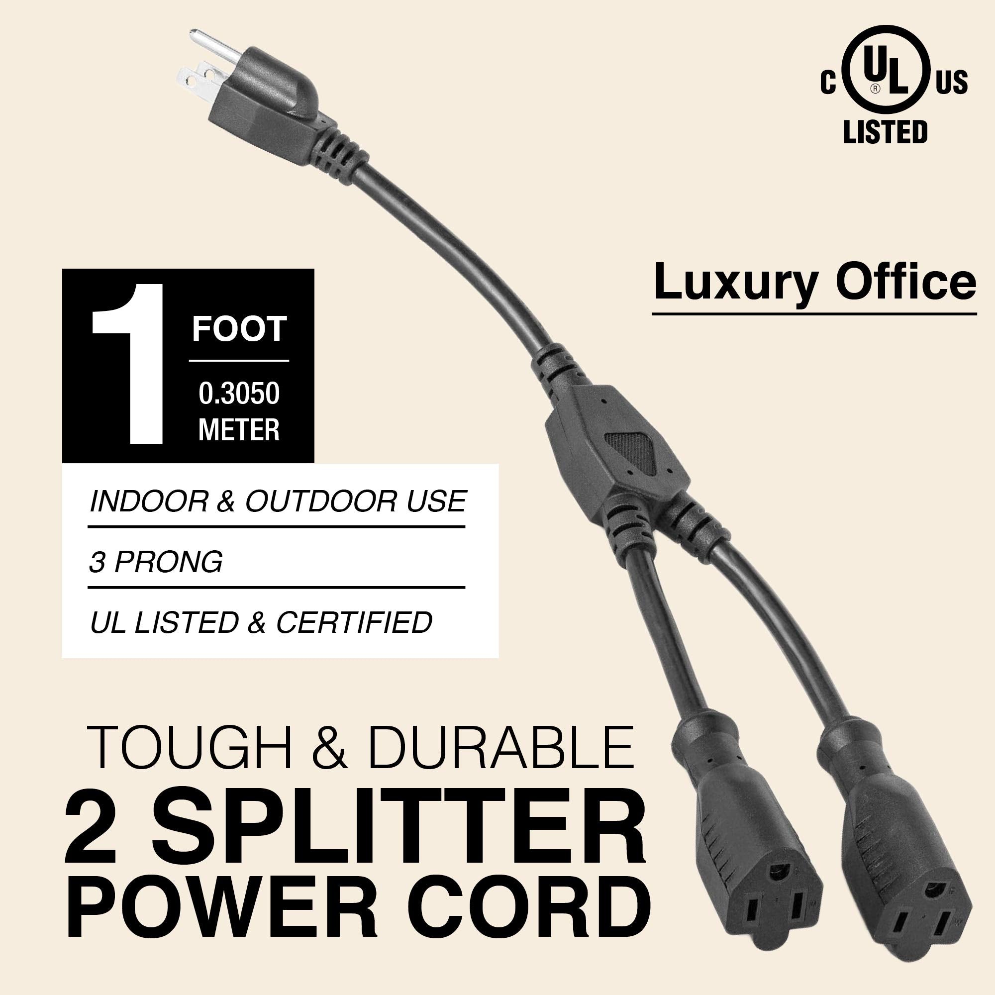 2 Way Power Splitter and 1' Extension Cord - 1 to 2 Cable Strip with 3 Pronged Outlet and Y Style Extension Cord – Black - SJT 16 AWG – by Luxury Office - Like New