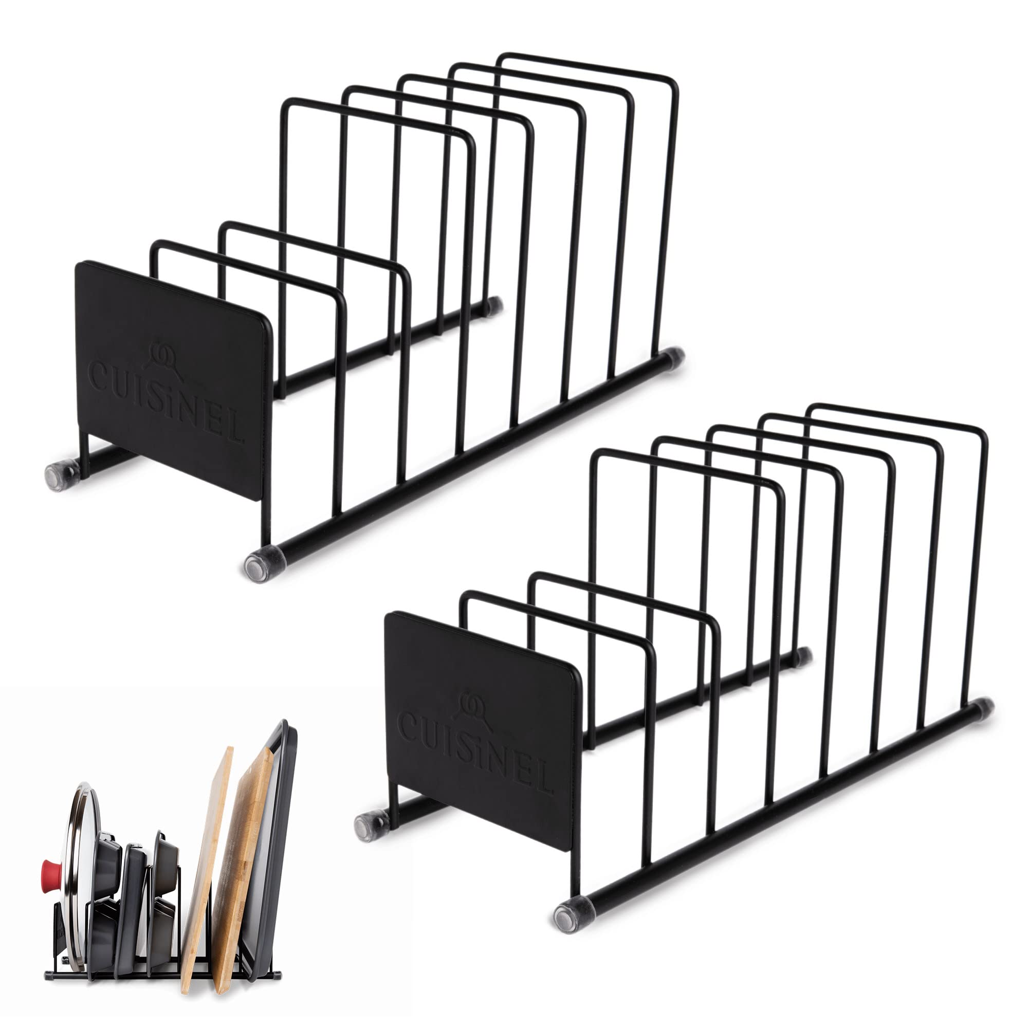 Cuisinel Lid and Dish Organizer Rack - 2-Pack Matte Black Kitchen Storage Organization Stand - Plate Holder, Pan/Pots Covers, Cutting Board and Cookie Sheet Divider - 7-Tier Cabinet/Counter Display  - Like New