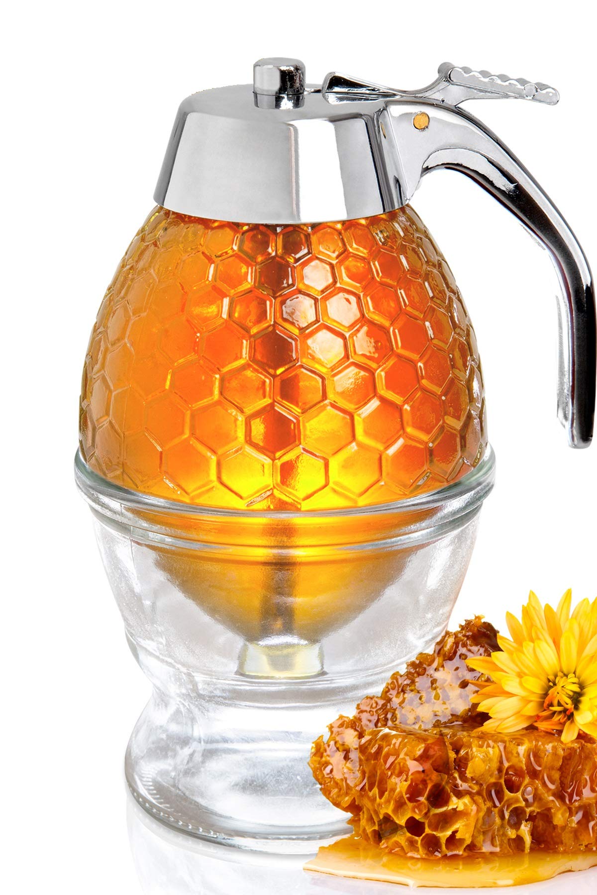 hunnibi Honey Dispenser PLUS - Glass Honey Dispenser No Drip Glass with Stand and STAINLESS STEEL TOP - Syrup Dispenser Glass - Beautiful Honey Pot - Honey Jar with Stand - Like New