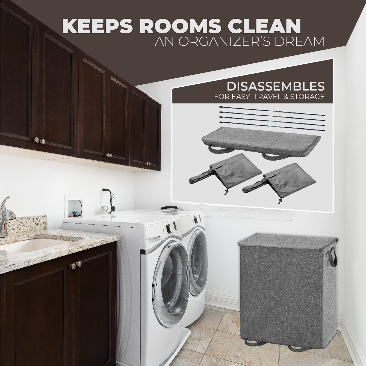 Bartnelli Double laundry hamper basket With 2 Removable bags | collapsible baskets for dirty clothes or baby clothing, Waterproof Material Outdoor-Safe foldable pop up bin, Easy Assembly Gray - Very Good