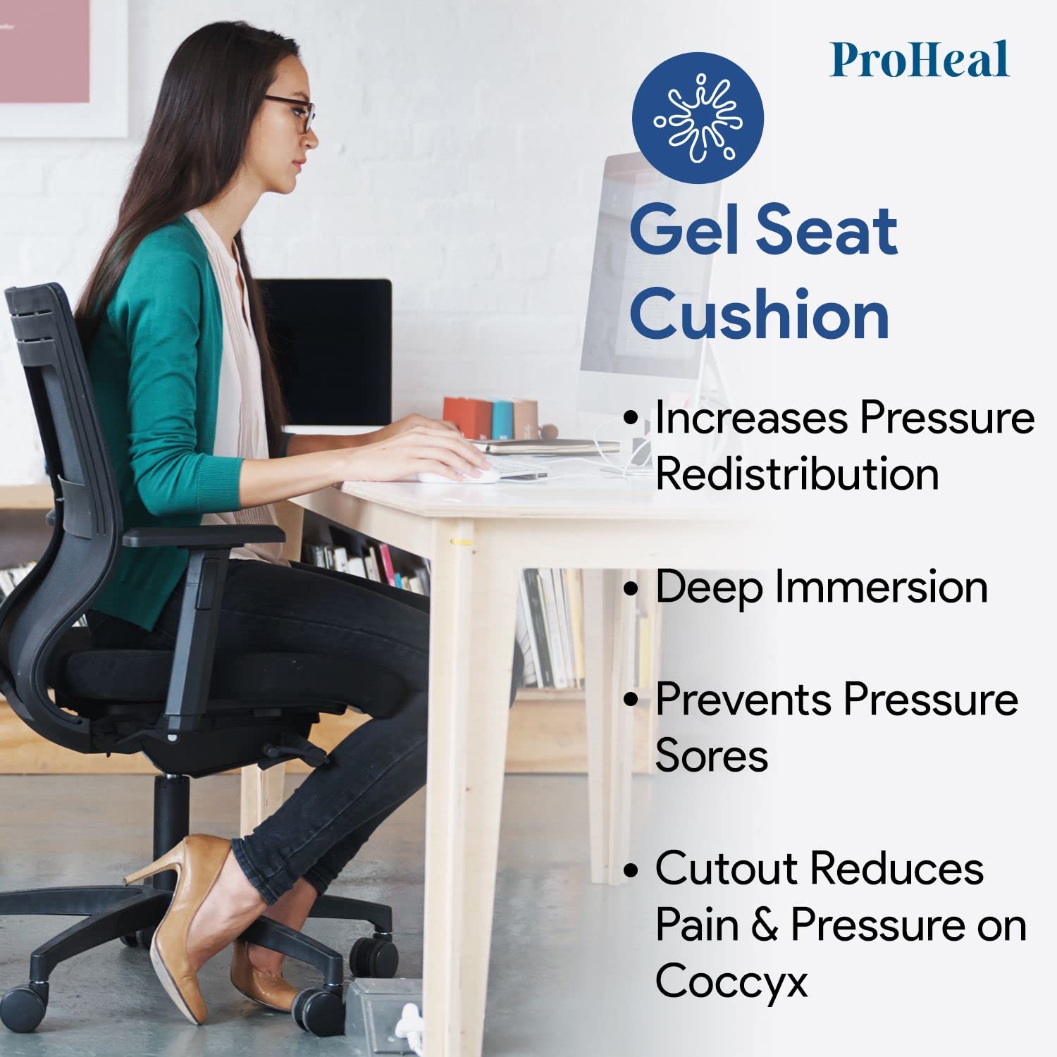 Gel Coccyx Wheelchair Seat Cushion - Tailbone Pressure and Pain Relief - Gel Infused High Density and Resilient Foam with Coccyx Cut Out - 3" Medium Profile - 1 Year Warranty - Like New