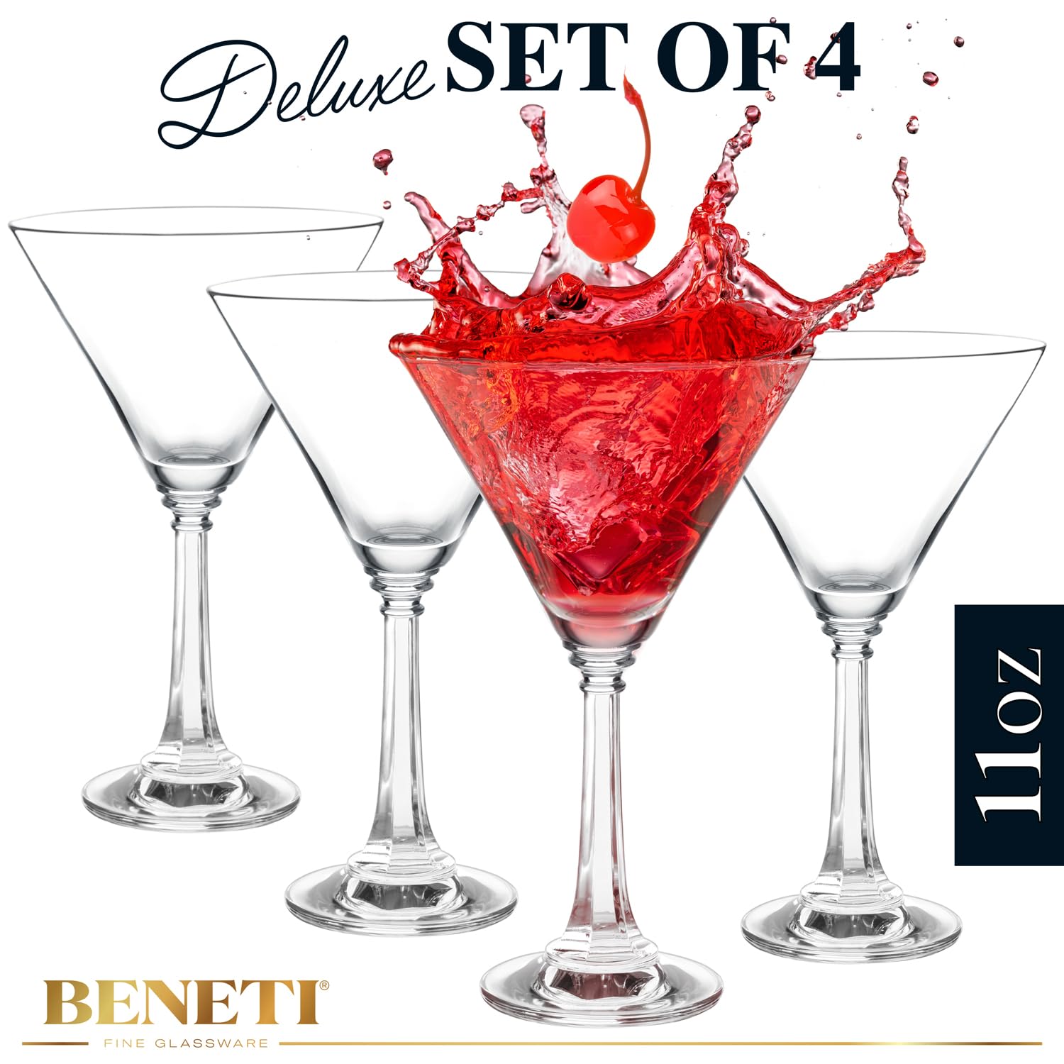 BENETI Tall Martini Glasses Set of 4 | Made in Europe | 11oz Long Stem Crystal Cocktail Bar Glasses - Like New