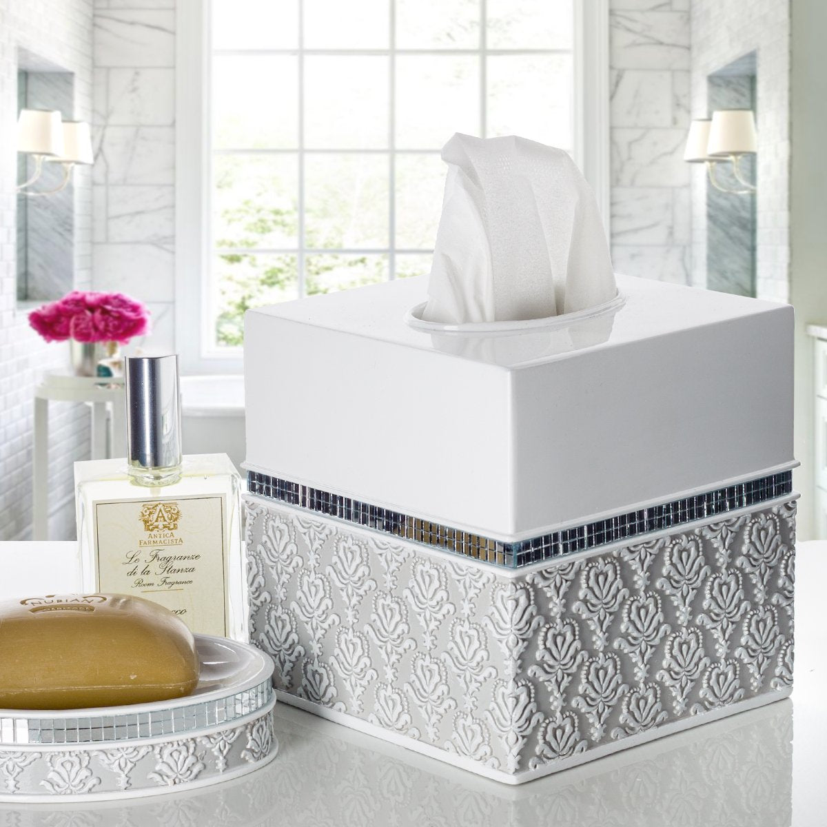 Creative Scents Mirror Damask Square Tissue Box Cover - Decorative Bathroom Tissues Paper Holder, Modern Napkins Container, Bottom Slider, for Cute Elegant Bathroom Decor (White & Gray) - Like New