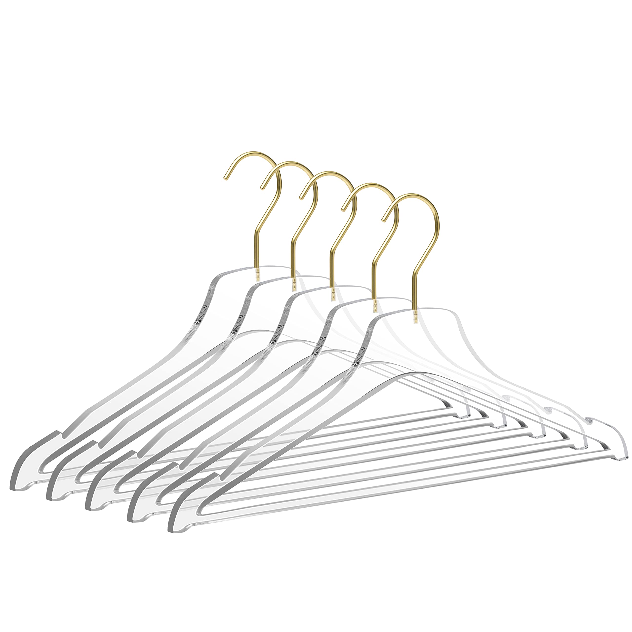 Quality Acrylic Clear Lucite Hangers 20-Pack with Bar Matte Gold Hanging Hooks for Clothes, Pants, Suit Jackets, Coats, and Shirts, Closet and Wardrobe Organization (Matte Gold Hook, 20) - Like New