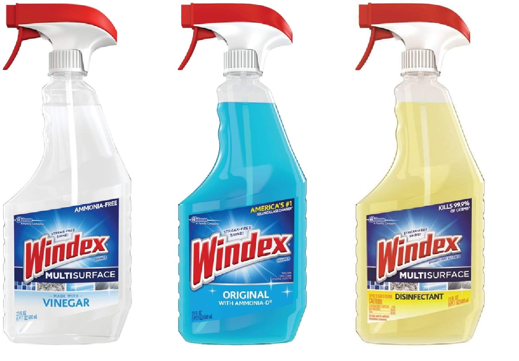 Windex Glass & Multi Surface Cleaning Bundle - Three 23oz Sprays Bottles (Ammonia D, Vinegar & Yellow Disinfectant)