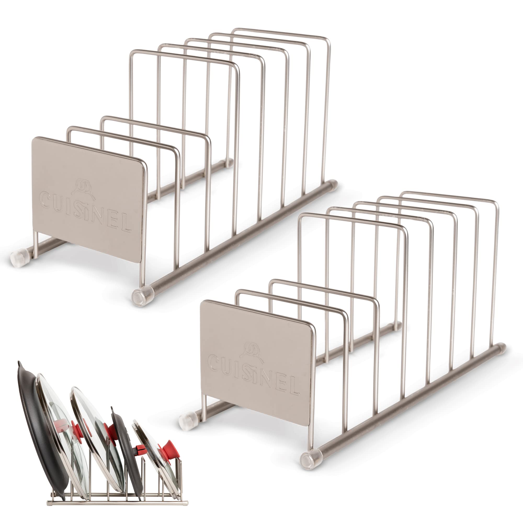 Cuisinel Lid and Dish Organizer Rack - 2-Pack Satin Nickel Kitchen Storage Organization Stand - Plate Holder, Pan/Pot Covers, Cutting Board and Cookie Sheet Divider - 7-Tier Cabinet/Counter Display  - Acceptable