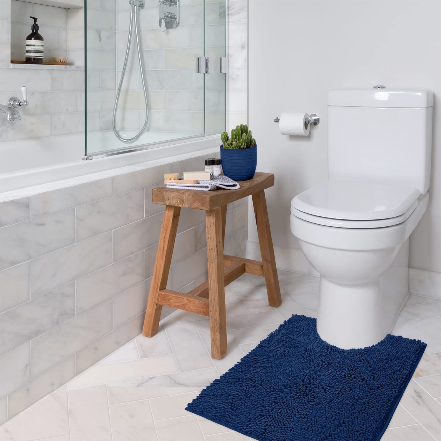 LuxUrux Blue Bath Mat - U-Shaped Contoured Rug for Around Toilet, Super Absorbent Shaggy Bath Rug. Easy Machine Wash & Dry (20 x 23, Blue) - Very Good