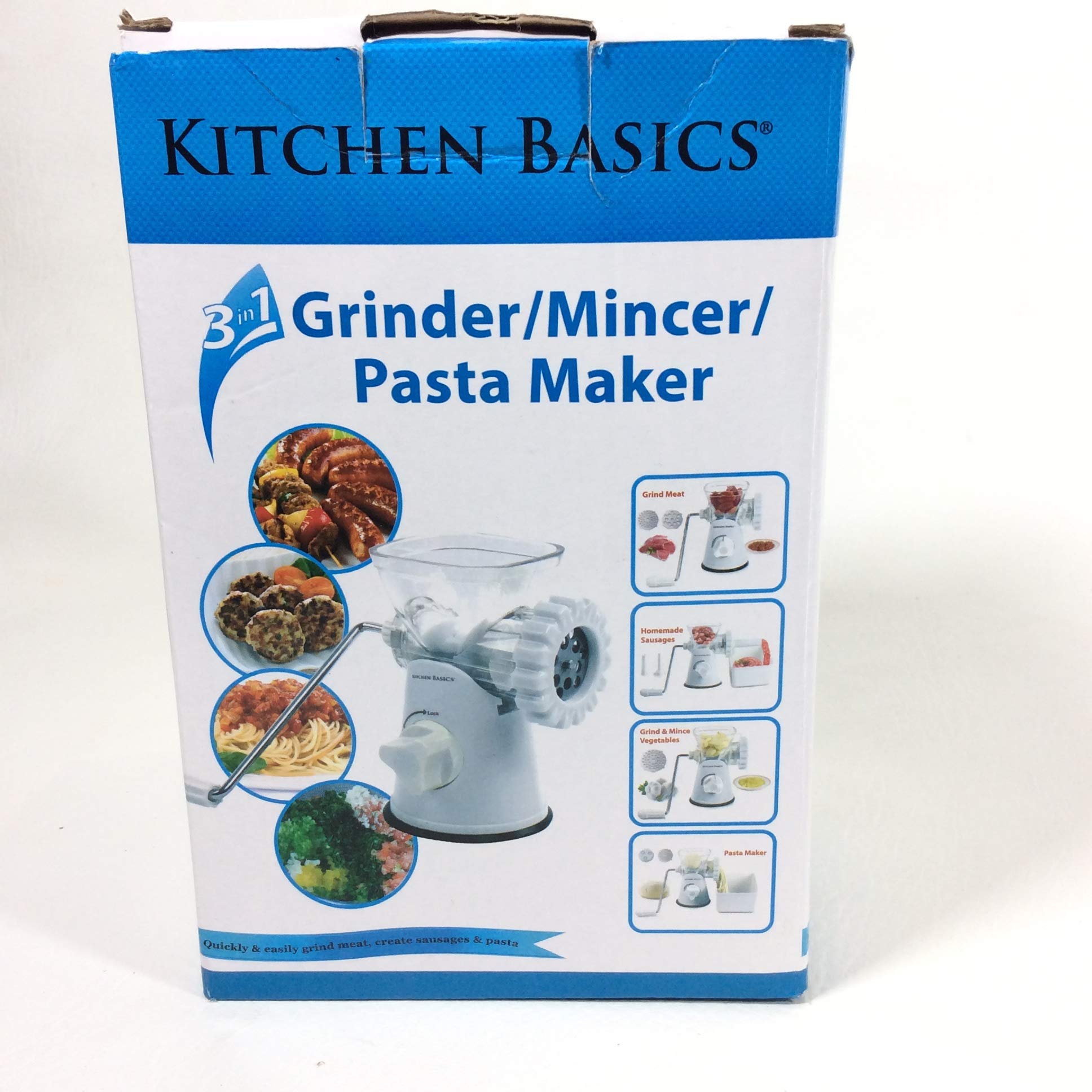 Kitchen Basics 3 N 1 Manual Meat and Vegetable Grinder Mincer, 3 Size Sausage Stuffer, Pasta Maker Bowl Inluded - Very Good