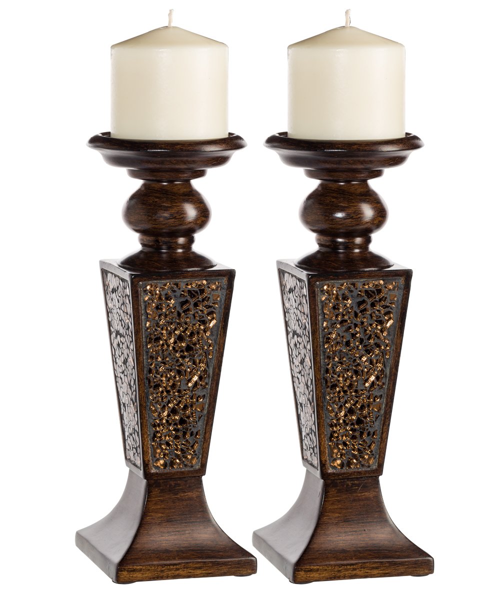 Creative Scents Schonwerk Pillar Candle Holder Set of 2- Crackled Mosaic Design- Functional Table Decorations- Centerpieces for Dining/Living Room- Best Wedding Gift (Brown) - Like New