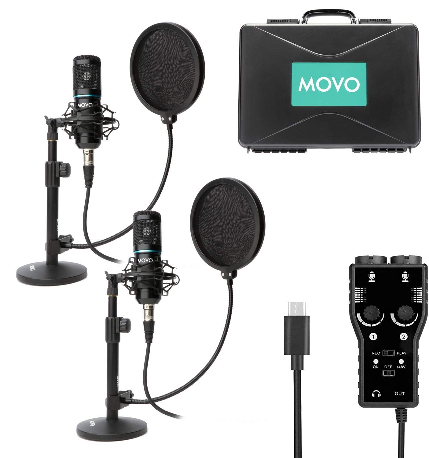 Movo Smartphone Podcast Recording Bundle Kit - 2 Pack Condenser Microphones, 2 Desktop Mic Stands, 2 Pop Filters, 2-Channel XLR Interface w/USB Type-C Output - Compatible with Android, Samsung Galaxy - Like New