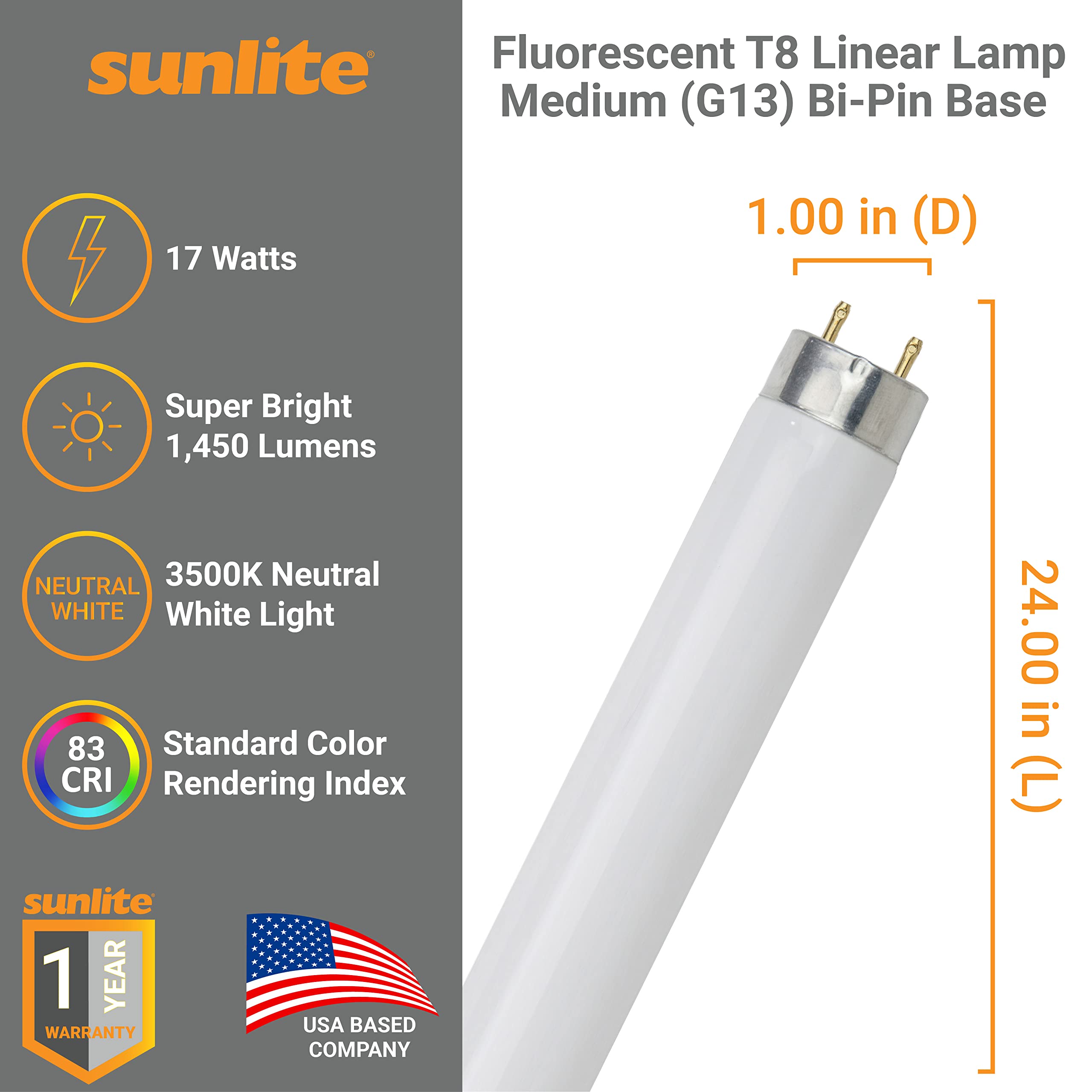 Sunlite 30115 2 Foot T8 Linear Fluorescent Lamp, 17 Watts, 1450 Lumens, F17T8/SP835, 3500K Neutral White, Medium G13 Bi-Pin Base, ROHS Compliant, 30 Pack - Like New