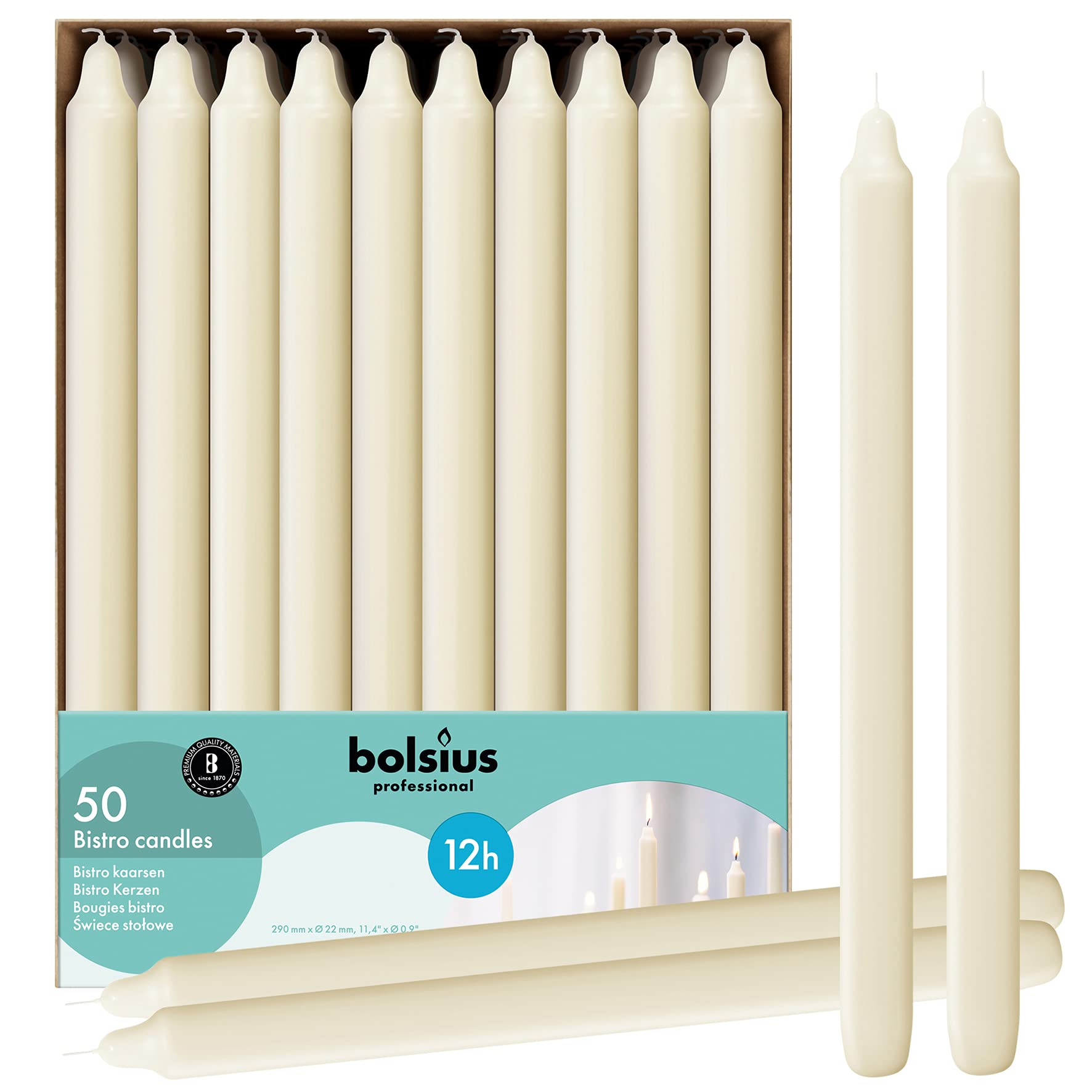 BOLSIUS Ivory Candlesticks Bulk Pack 50 Count - Unscented Dripless 11.5 Inch Household & Dinner Candle Set - 12+ Hours - Premium European Quality - Consistent Smokeless Flame - 100% Cotton Wick - Like New