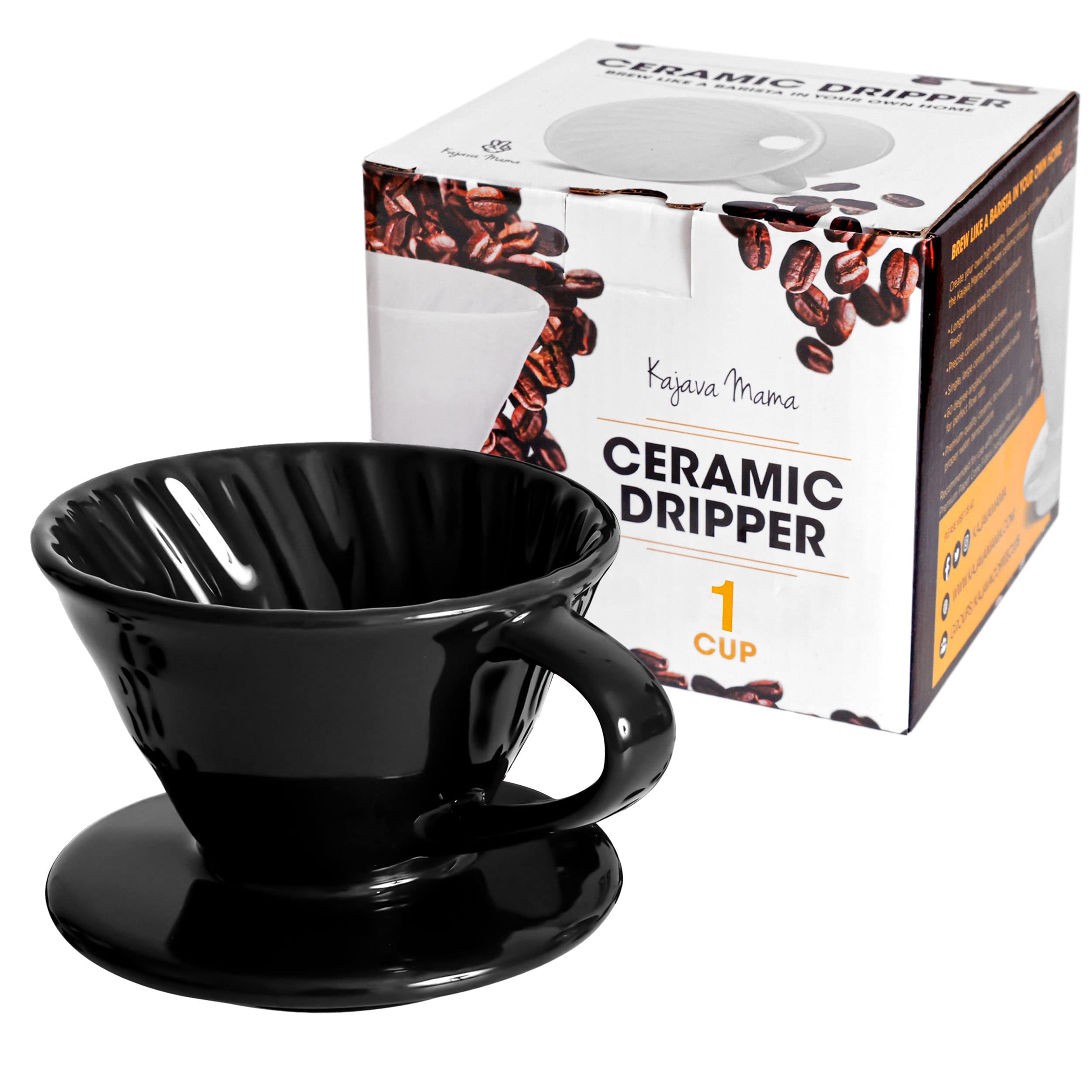 Kajava Mama Pour Over Coffee Dripper - Ceramic Slow Brewing Accessories for Home, Cafe, Restaurants - Easy Manual Brew Maker Gift - Strong Flavor Brewer - V01 or V02 Paper Cone Filters - 1 or 2 Cup - Like New