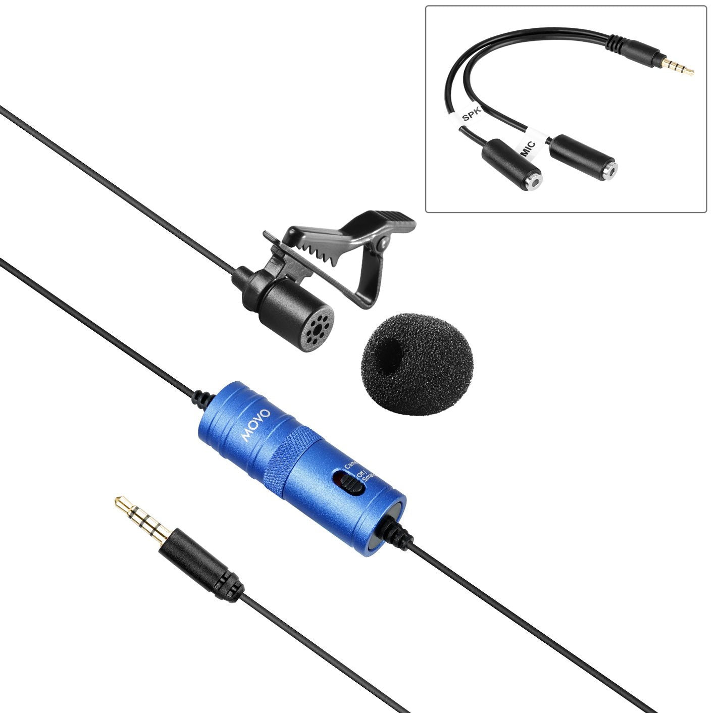 Movo LV1 Lavalier Lapel Clip-on Omnidirectional Condenser Microphone with Headphone Monitoring for DSLR Cameras, Camcorders, iPhone and Android Smartphones (Blue) - Like New