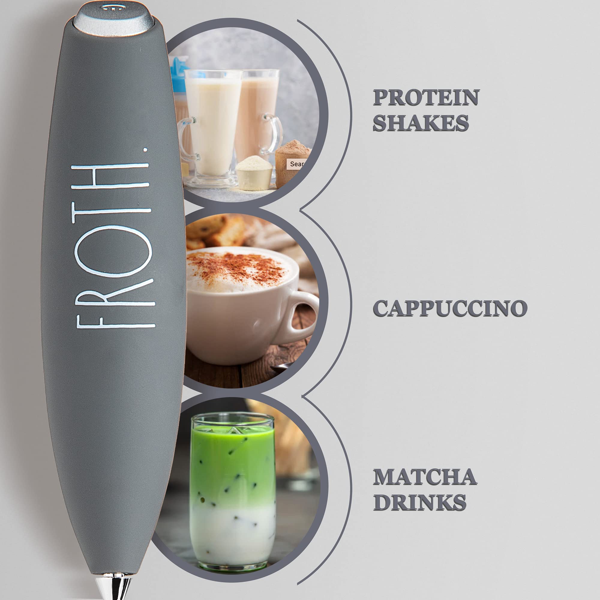 Rae Dunn Milk Frother- Handheld Electric Drink Mixer, Handheld Electric Milk Frother, Coffee Frother, Hand Blender, Frappe Maker, Handheld Latte Maker Milk Foamer (Grey) - Like New