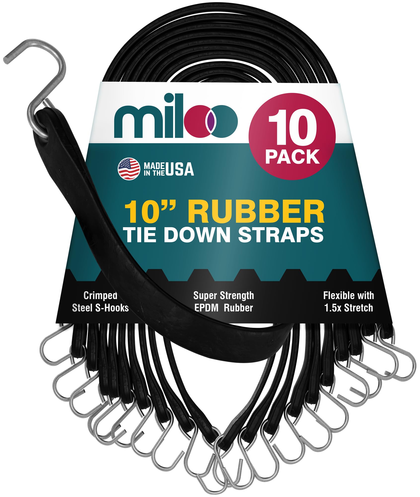 Miloo Rubber Bungee Cords with Hooks - Heavy Duty Tarp and Cargo Straps - Made in USA - Very Good