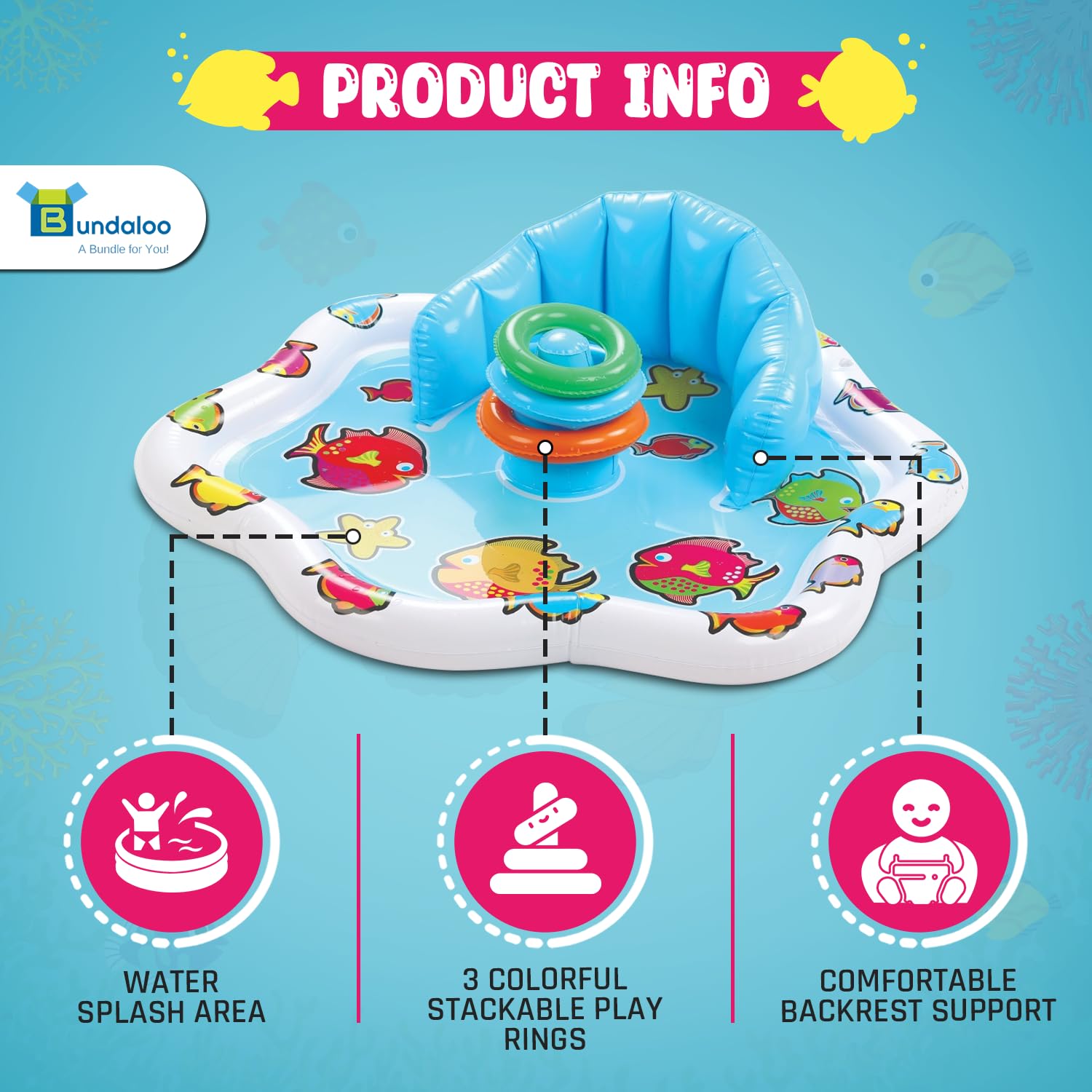 Bundaloo Infant Pool Splash Mat Inflatable with Backrest & Stackable Ring Toys | Summer Fun Activity for Baby Toddlers | Easy Setup - Like New